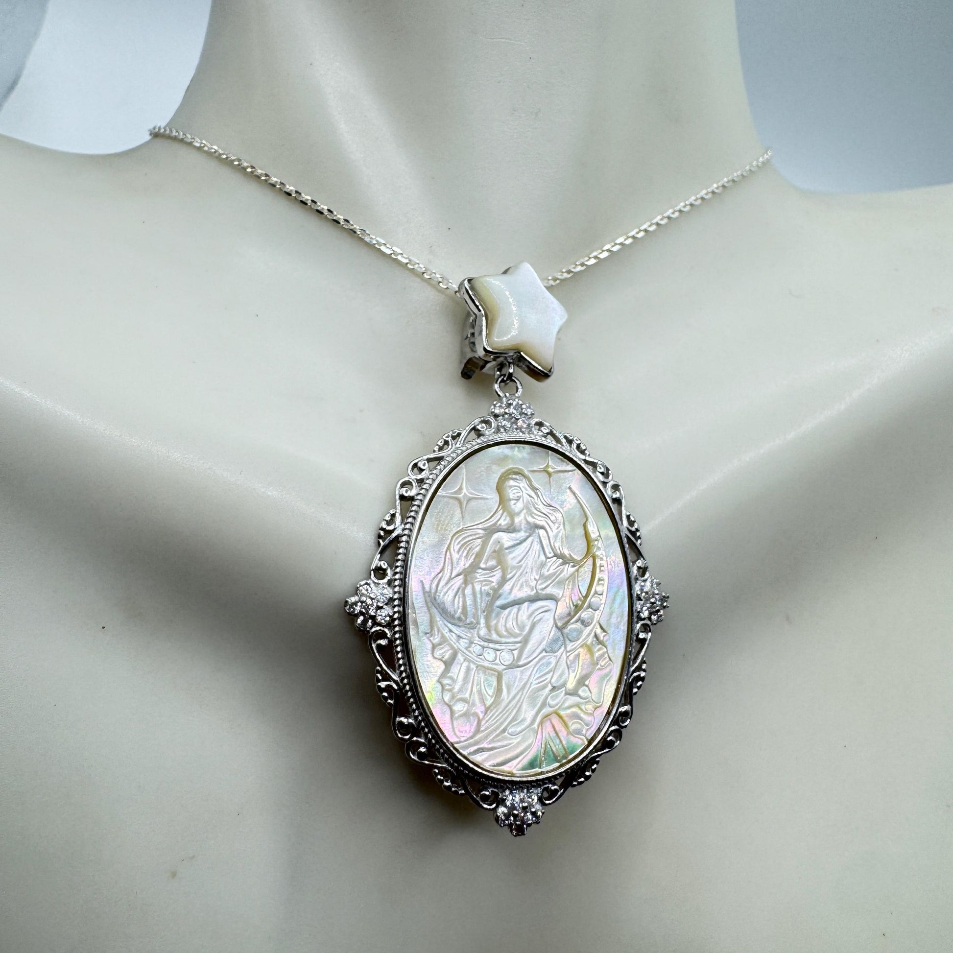 Vintage Moon Goddess Genuine Abalone Cameo Golden Sterling Silver Necklace