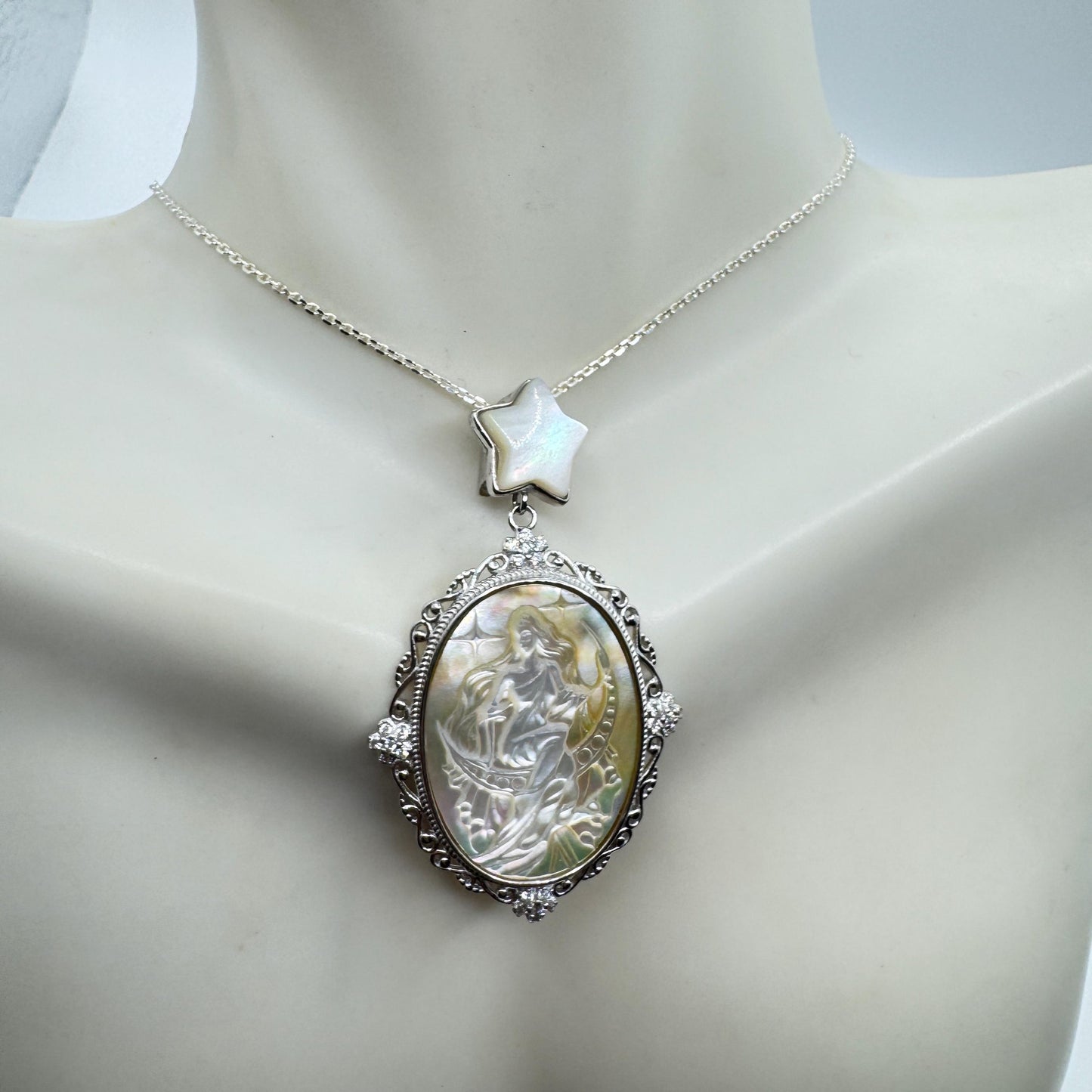 Vintage Moon Goddess Genuine Abalone Cameo Golden Sterling Silver Necklace