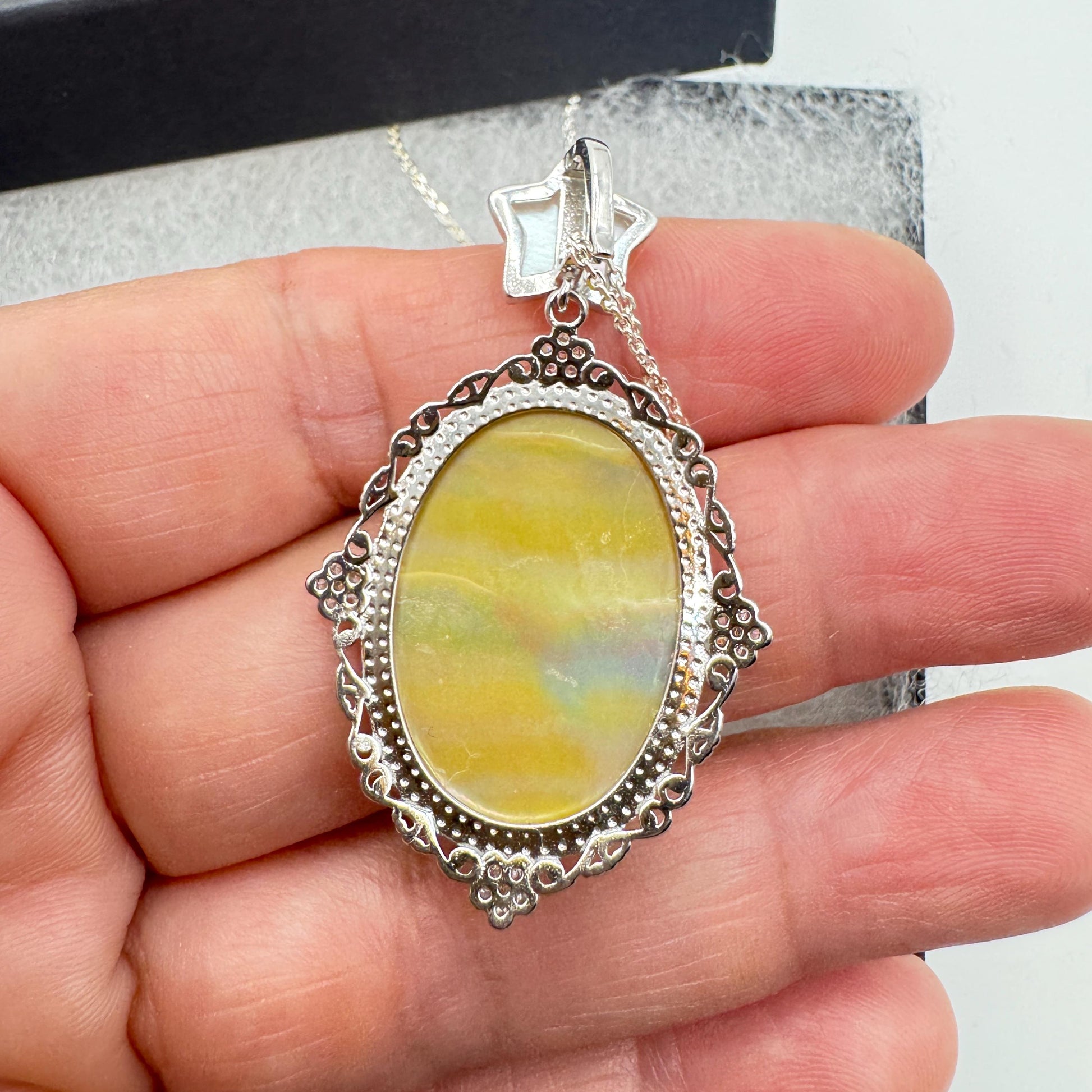 Vintage Moon Goddess Genuine Abalone Cameo Golden Sterling Silver Necklace