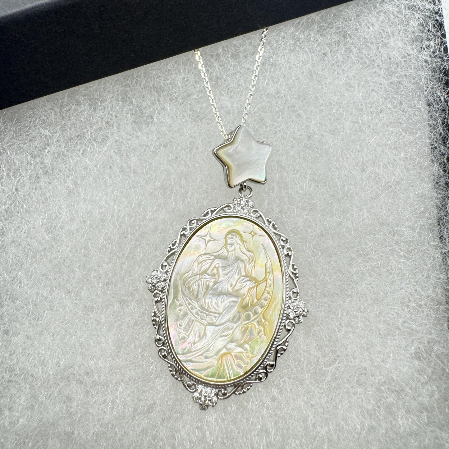 Vintage Moon Goddess Genuine Abalone Cameo Golden Sterling Silver Necklace