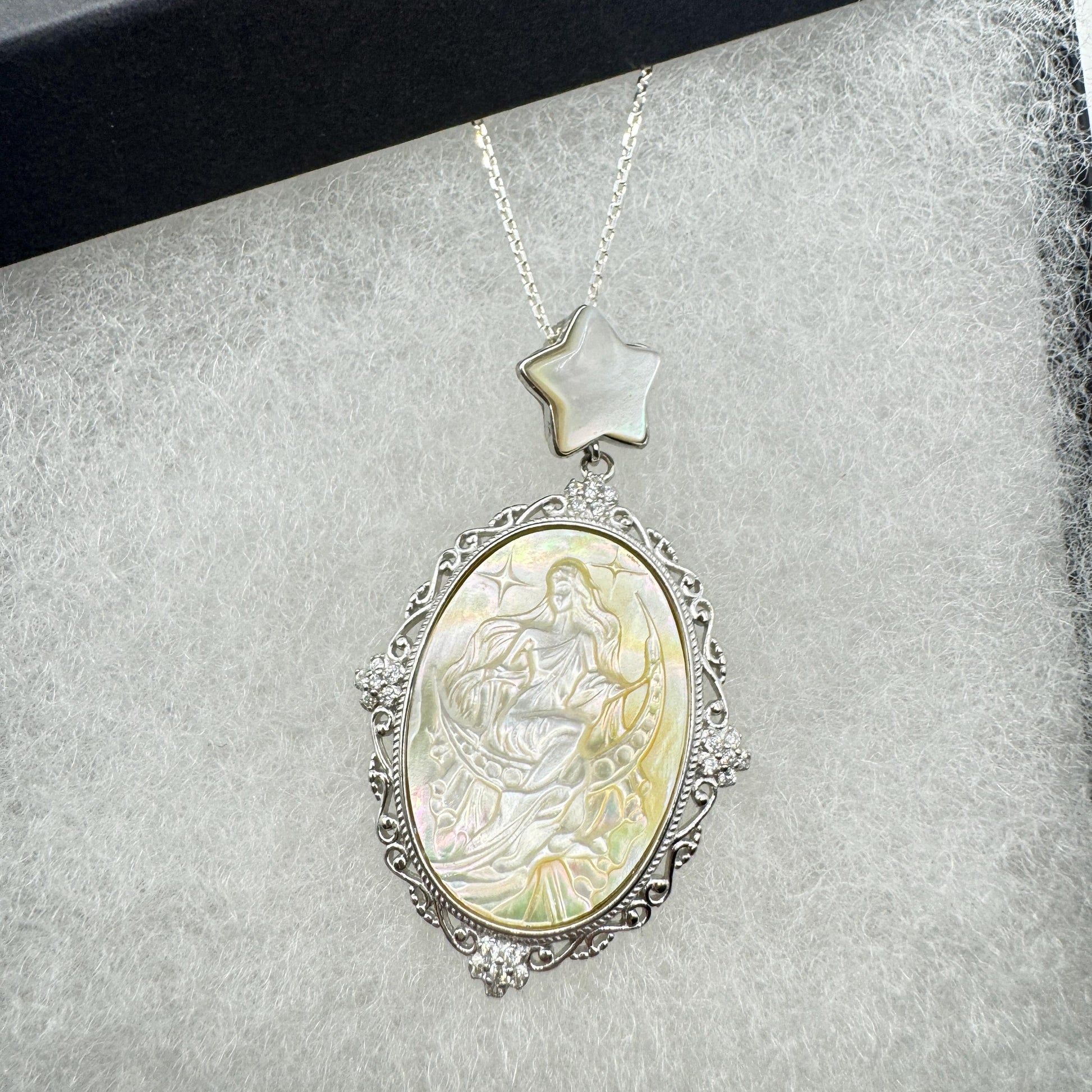 Vintage Moon Goddess Genuine Abalone Cameo Golden Sterling Silver Necklace