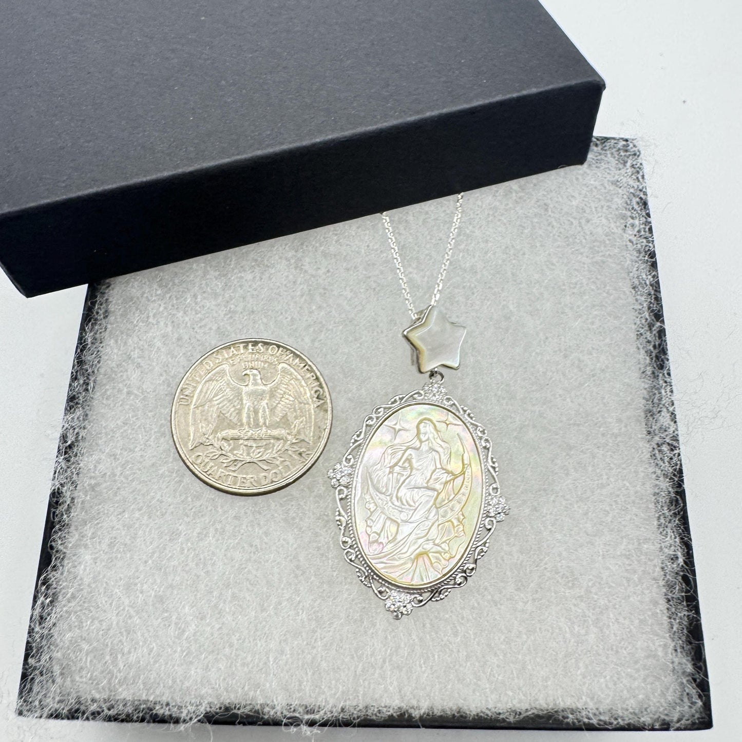 Vintage Moon Goddess Genuine Abalone Cameo Golden Sterling Silver Necklace