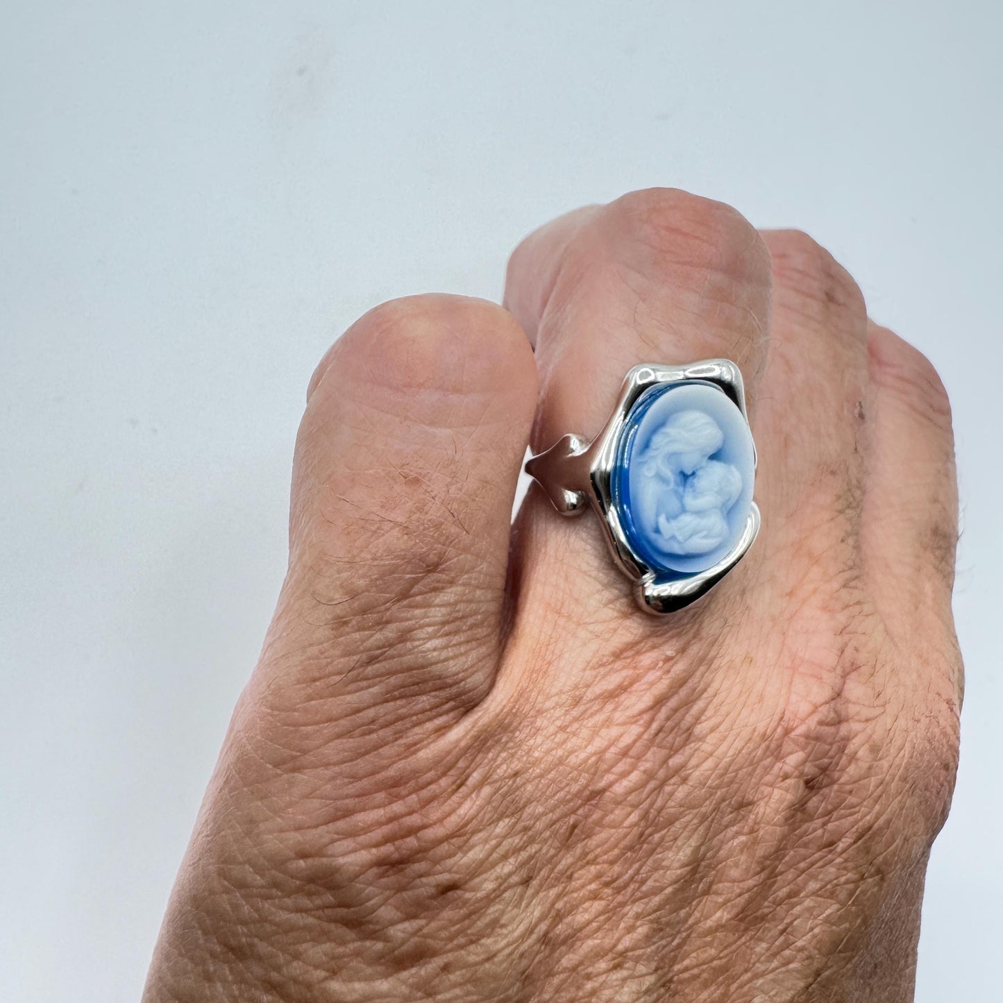 Vintage Blue Onyx Rose Cameo Golden 925 Sterling Silver Cocktail Ring