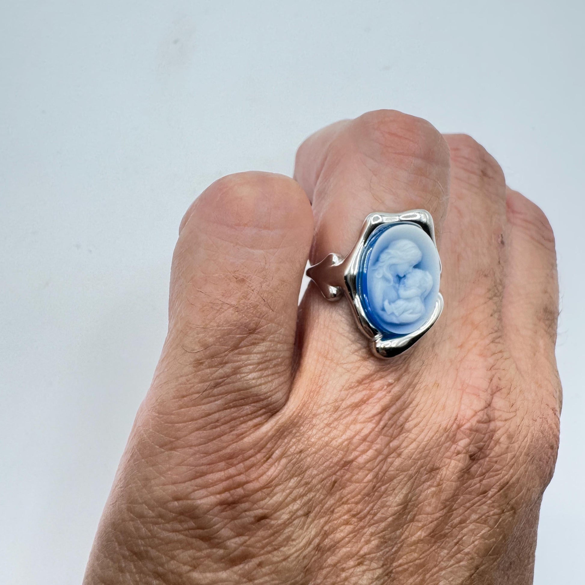 Vintage Blue Onyx Rose Cameo Golden 925 Sterling Silver Cocktail Ring