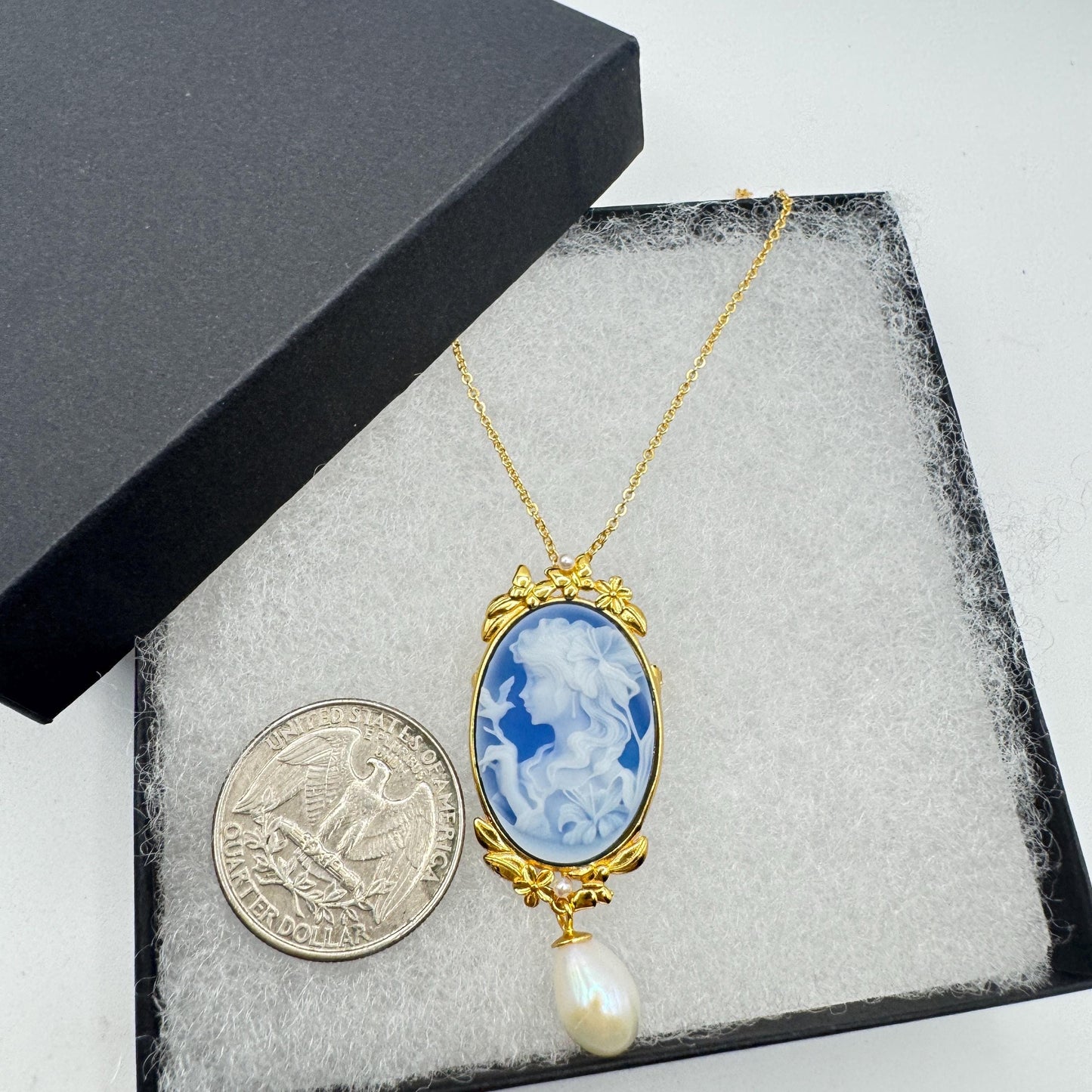 Vintage Moon Goddess Genuine Blue Onyx Cameo Sterling Silver Necklace Choker