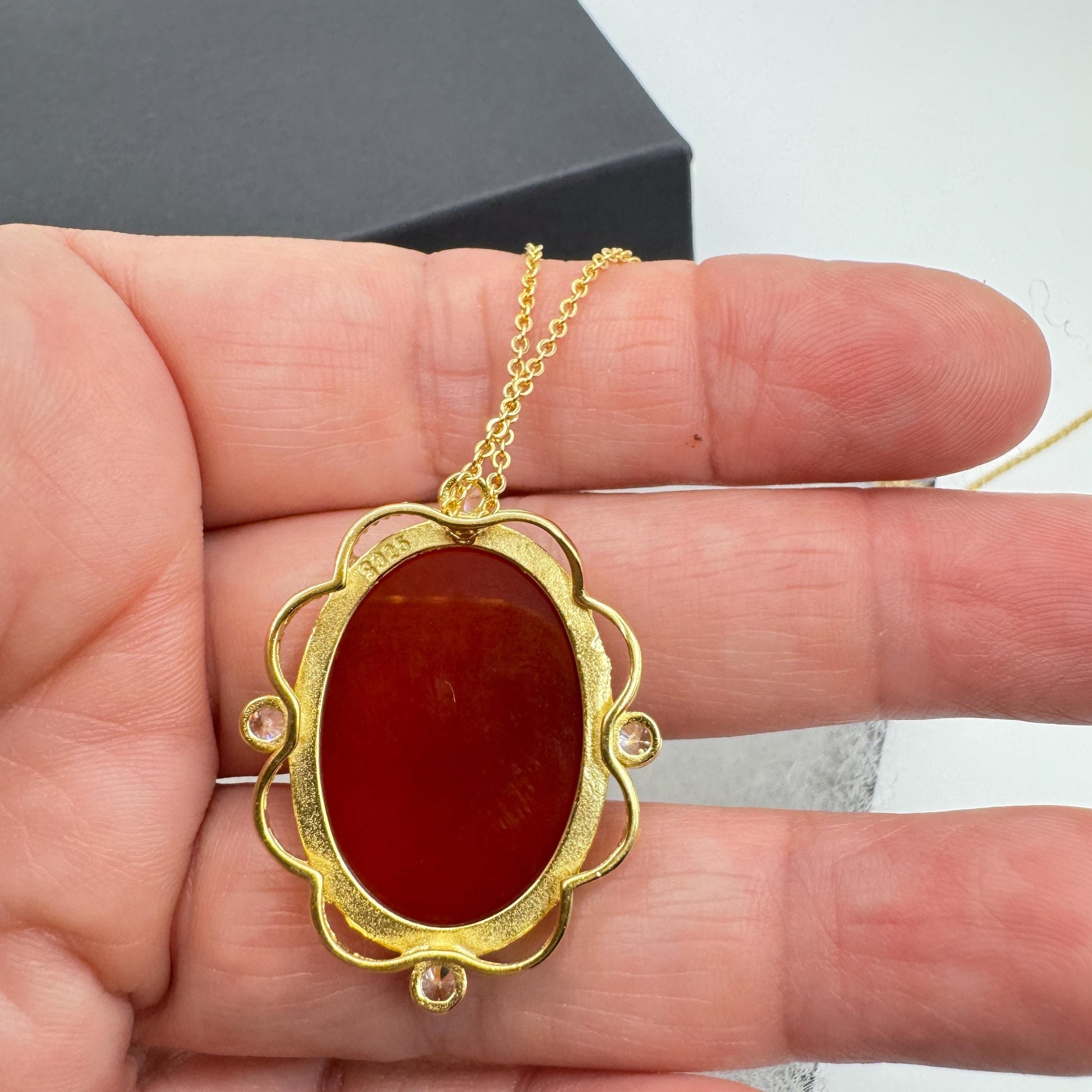 Vintage Red Onyx Cameo Golden 925 Sterling silver Necklace Choker