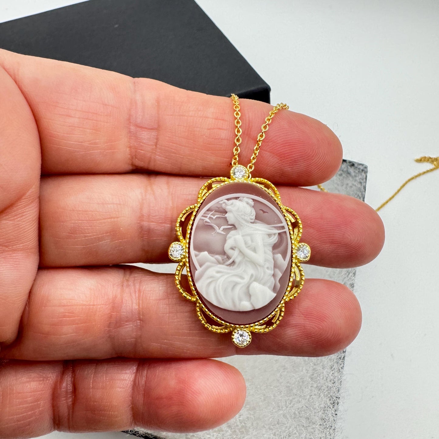Vintage Red Onyx Cameo Golden 925 Sterling silver Necklace Choker