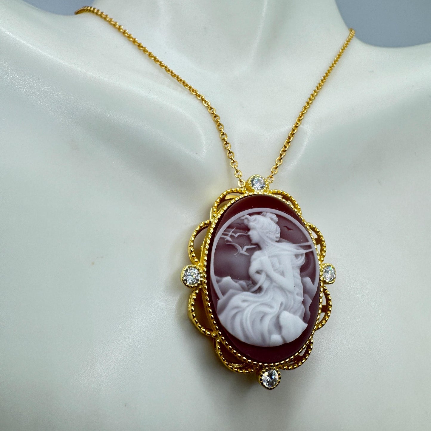 Vintage Red Onyx Cameo Golden 925 Sterling silver Necklace Choker