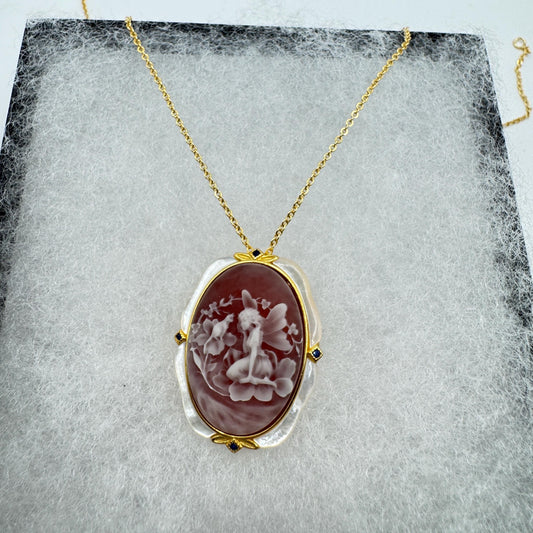 Vintage Red Onyx Cameo Golden 925 Sterling silver Necklace Choker