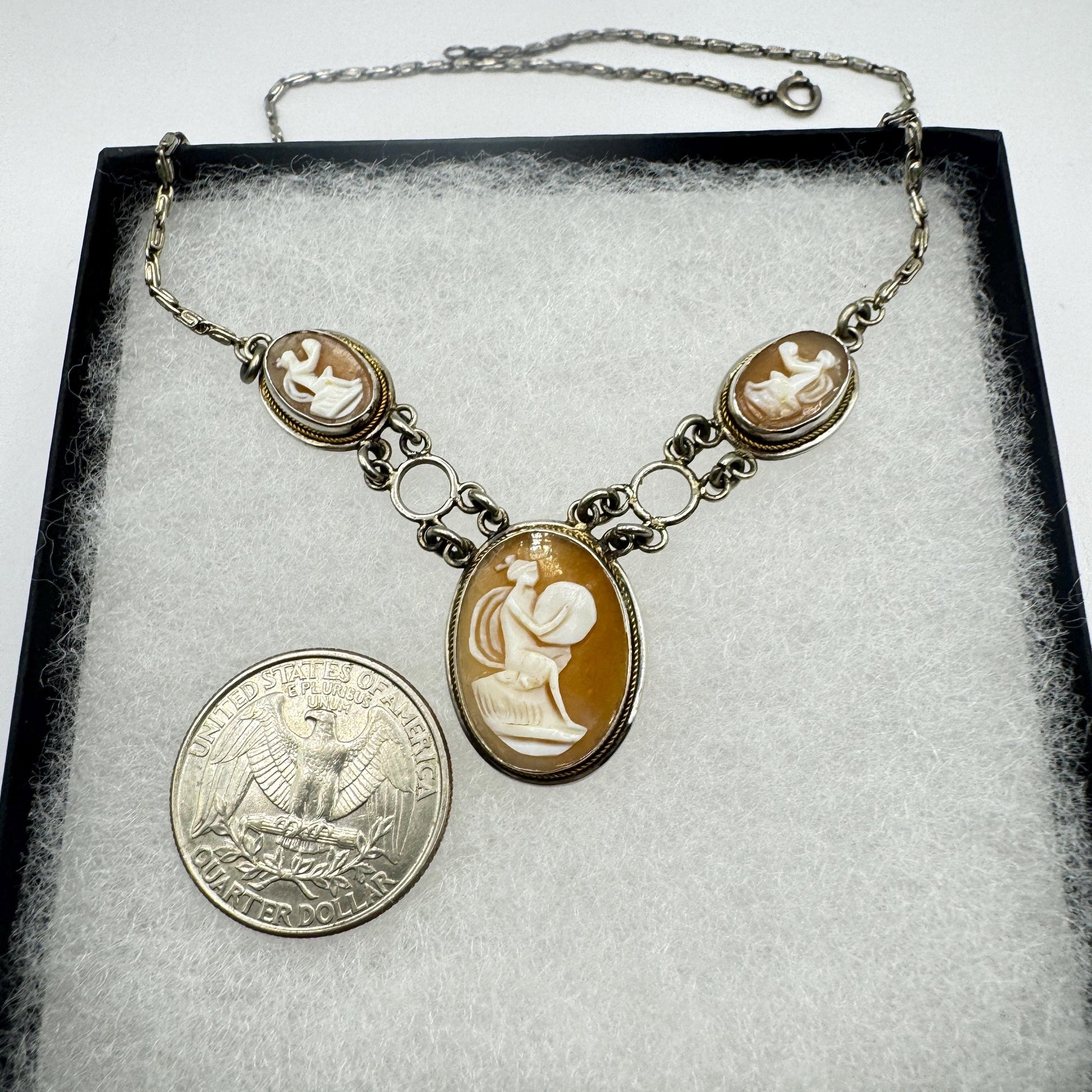 Vintage Genuine Shell Cameo Sterling Silver Necklace Choker
