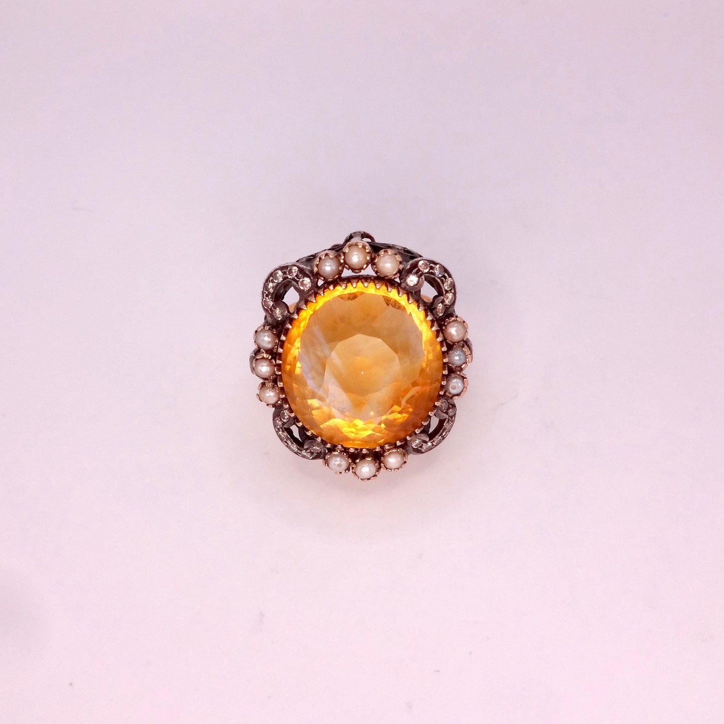 Vintage Citrine Pearl Diamond Ring, 925 Sterling Silver 14k Gold