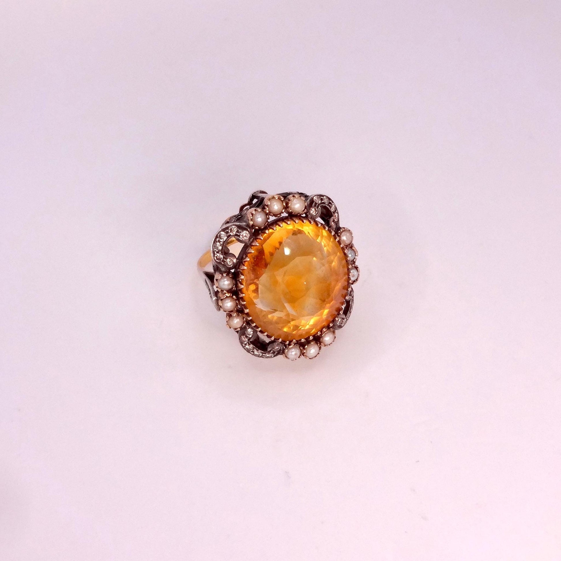 Vintage Citrine Pearl Diamond Ring, 925 Sterling Silver 14k Gold