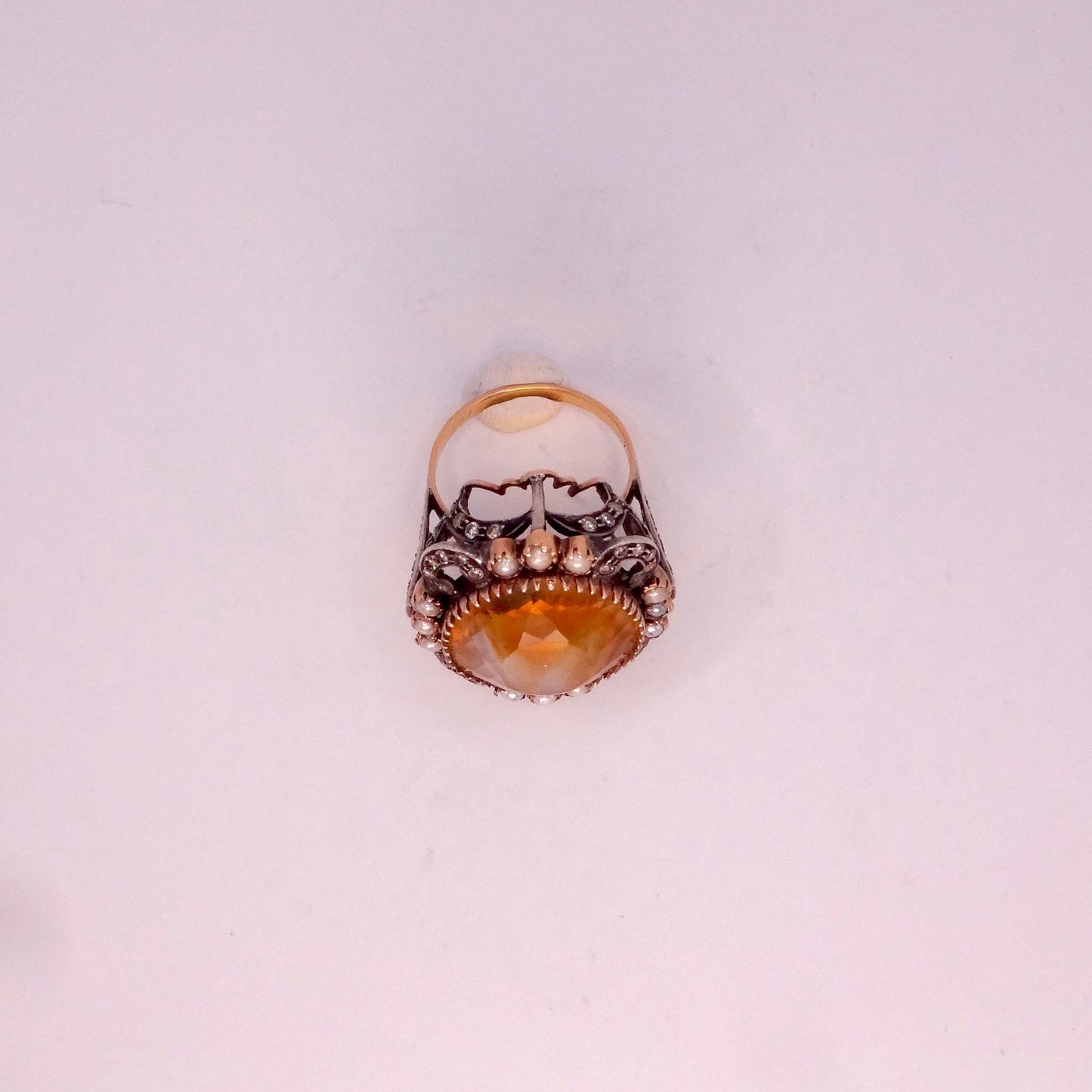 Vintage Citrine Pearl Diamond Ring, 925 Sterling Silver 14k Gold