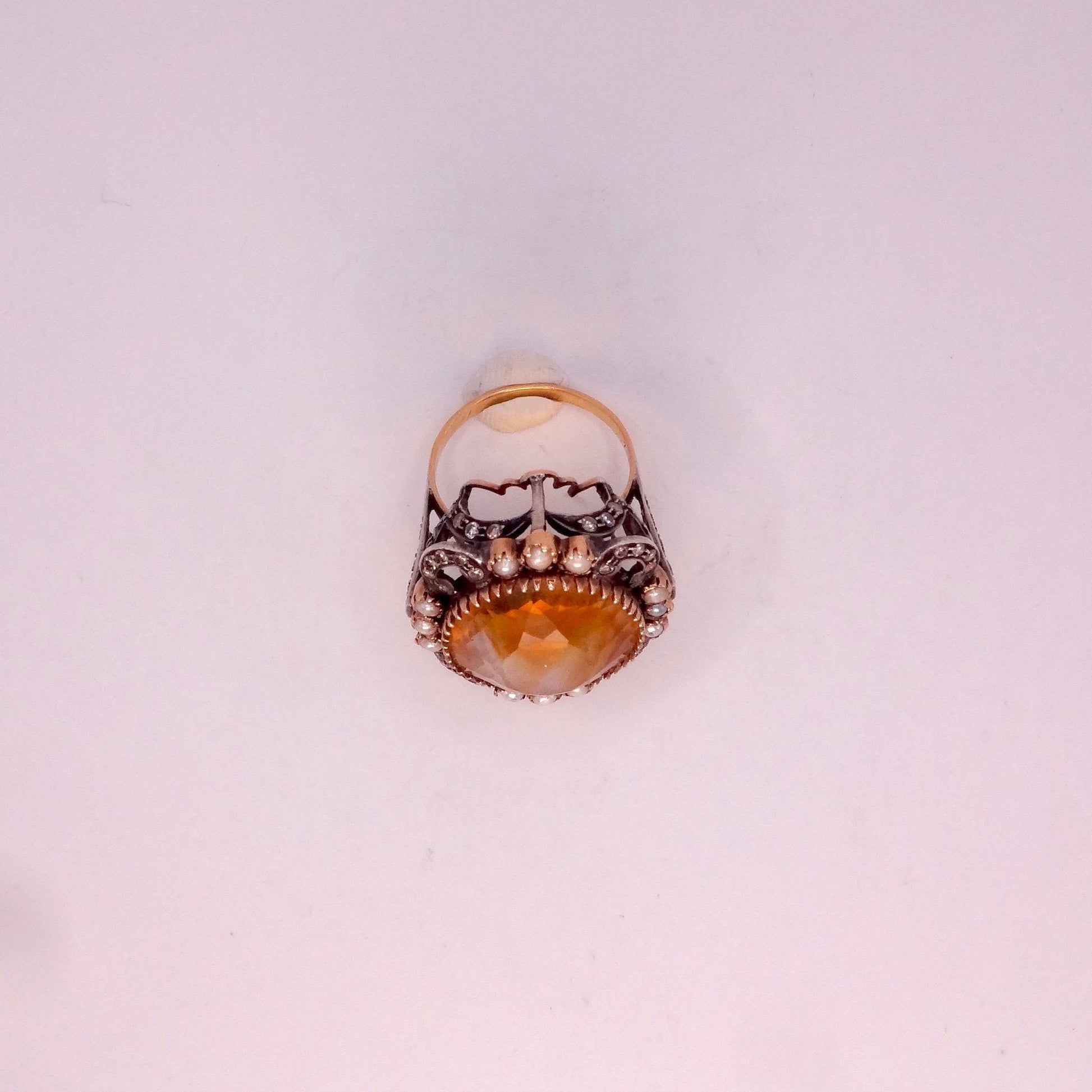 Vintage Citrine Pearl Diamond Ring, 925 Sterling Silver 14k Gold