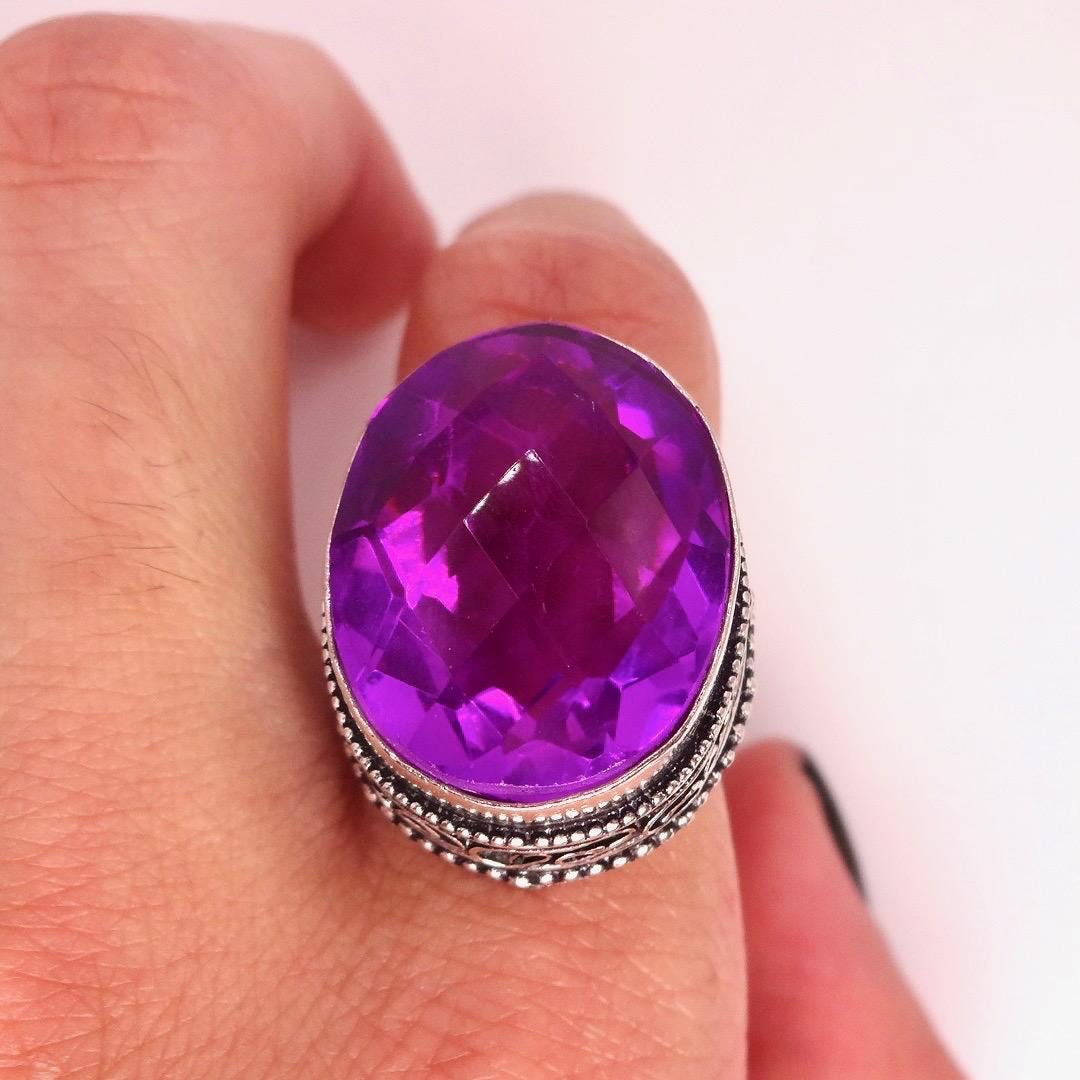 Vintage Purple Art Glass White Bronze Silver Ring, Size 7
