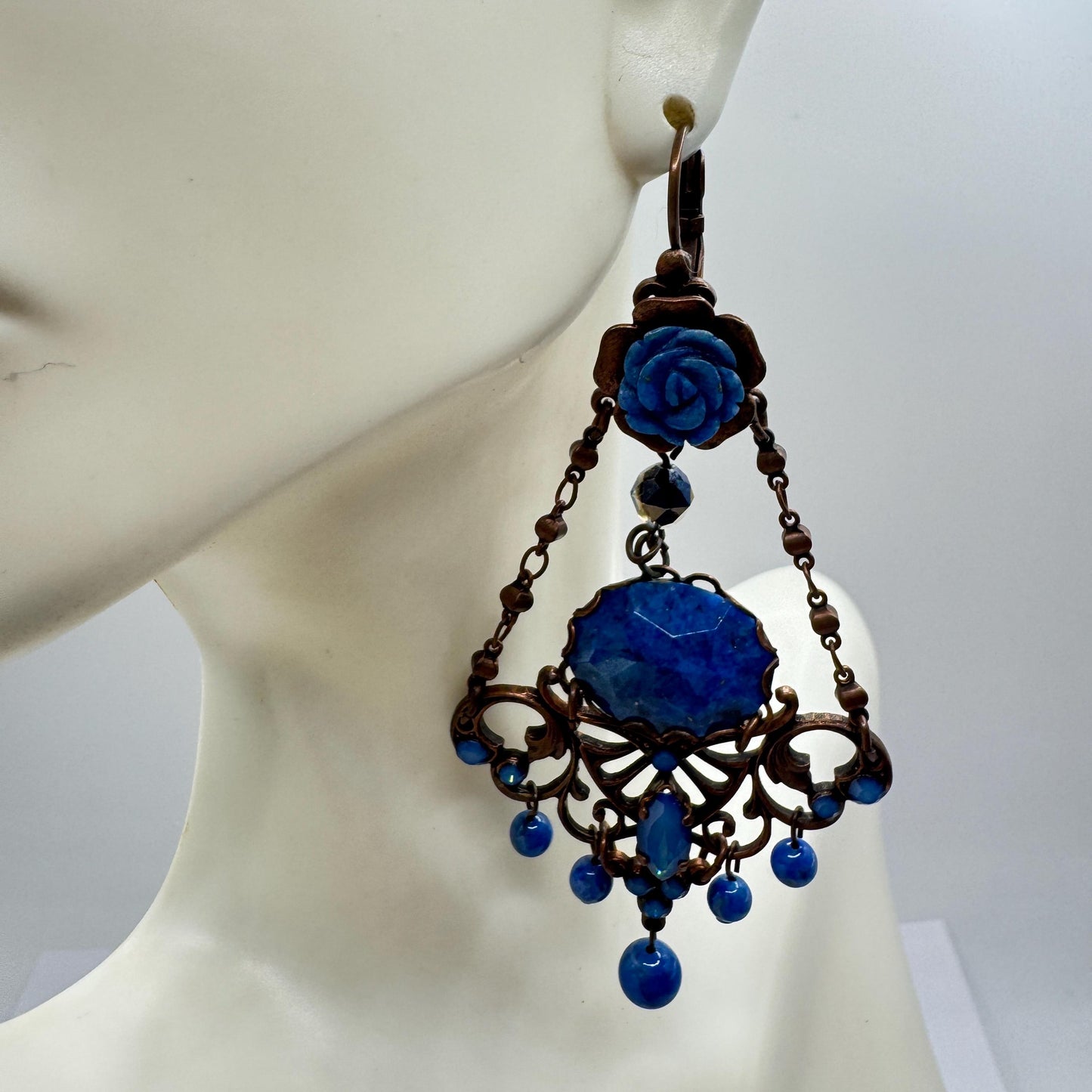 Vintage Blue Lapis Lazuli Bronze Chandelier Earrings Dangle