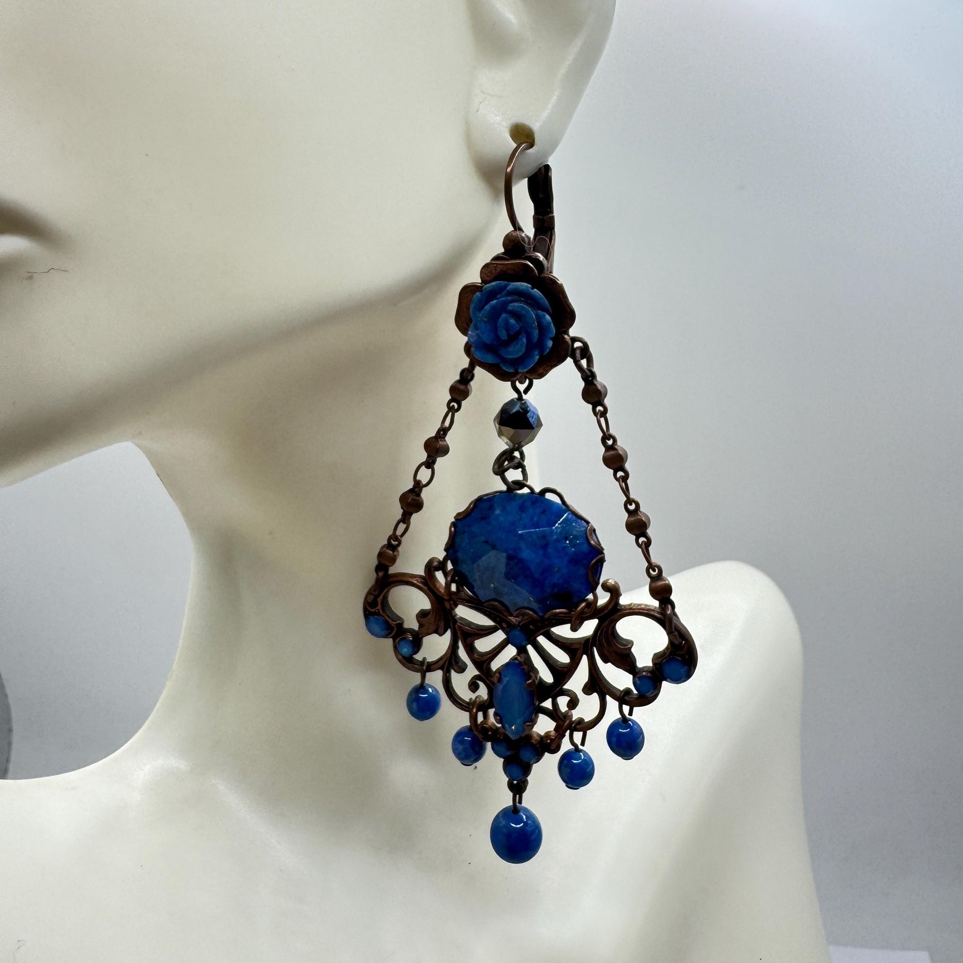 Vintage Blue Lapis Lazuli Bronze Chandelier Earrings Dangle