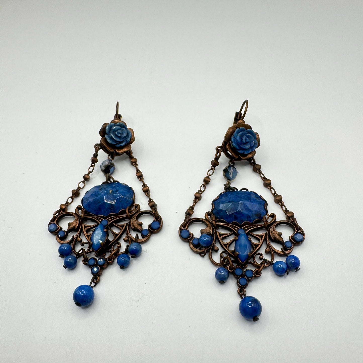 Vintage Blue Lapis Lazuli Bronze Chandelier Earrings Dangle