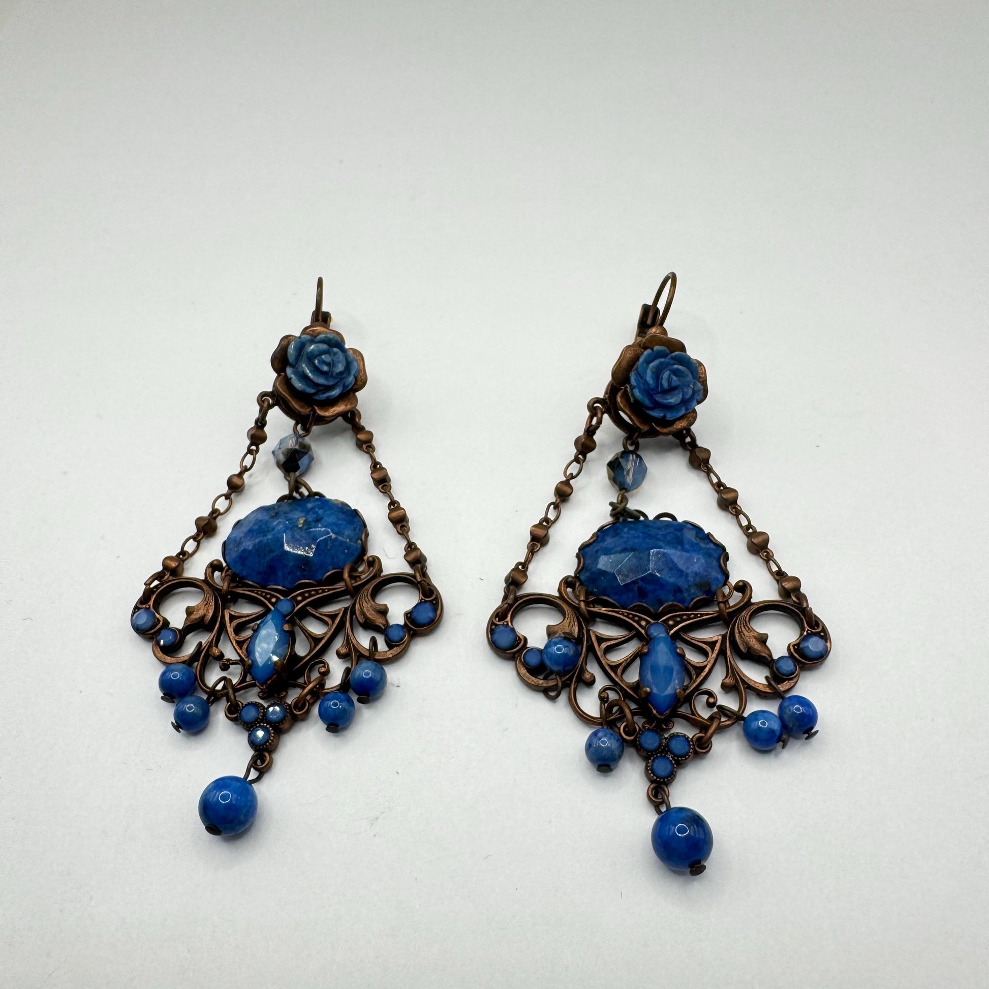 Vintage Blue Lapis Lazuli Bronze Chandelier Earrings Dangle