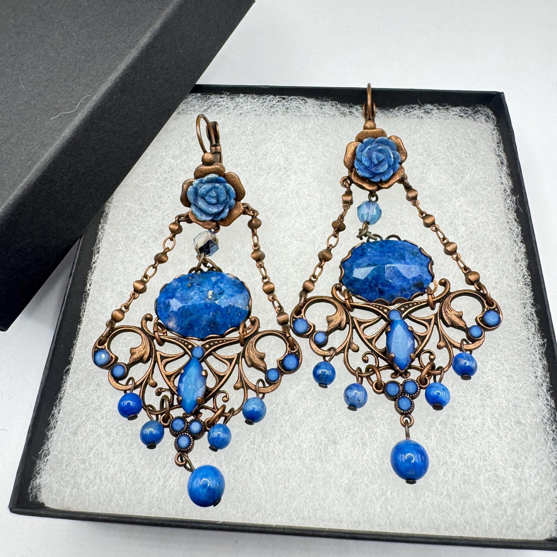 Vintage Blue Lapis Lazuli Bronze Chandelier Earrings Dangle