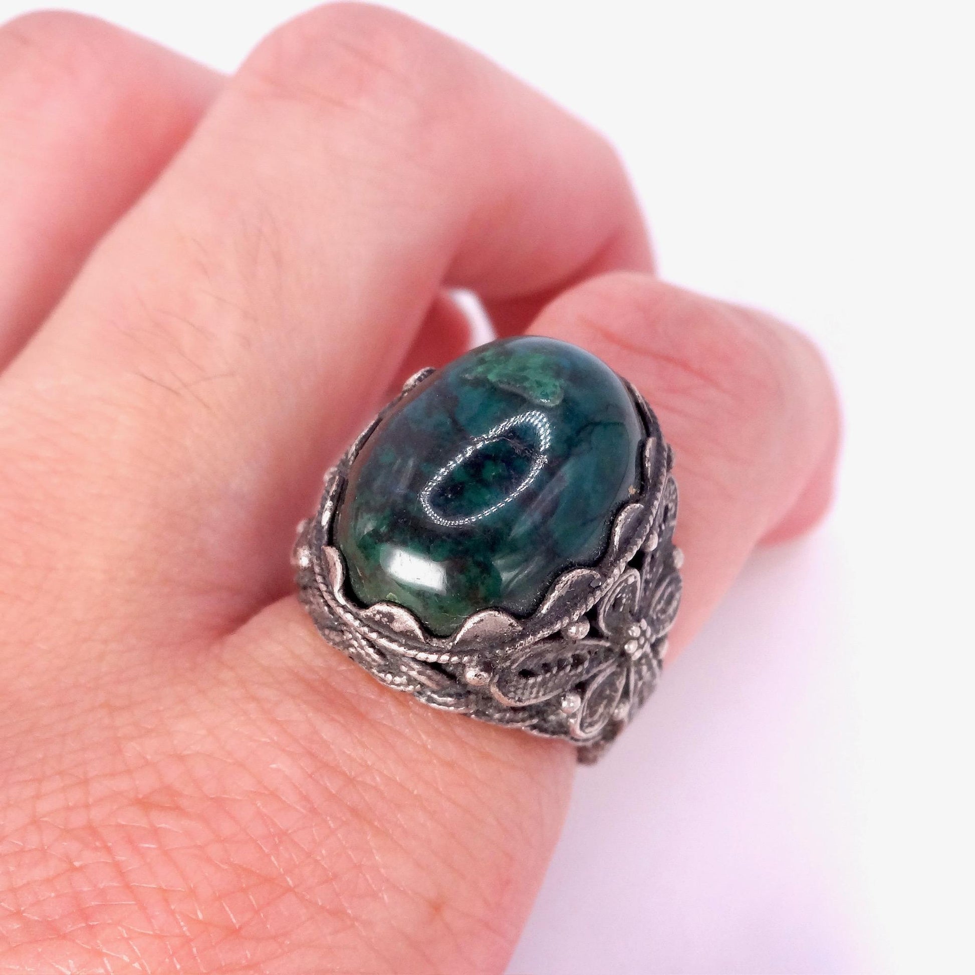 Vintage Green Stone of Eilat 925 Sterling Silver Statement Ring Adjustable