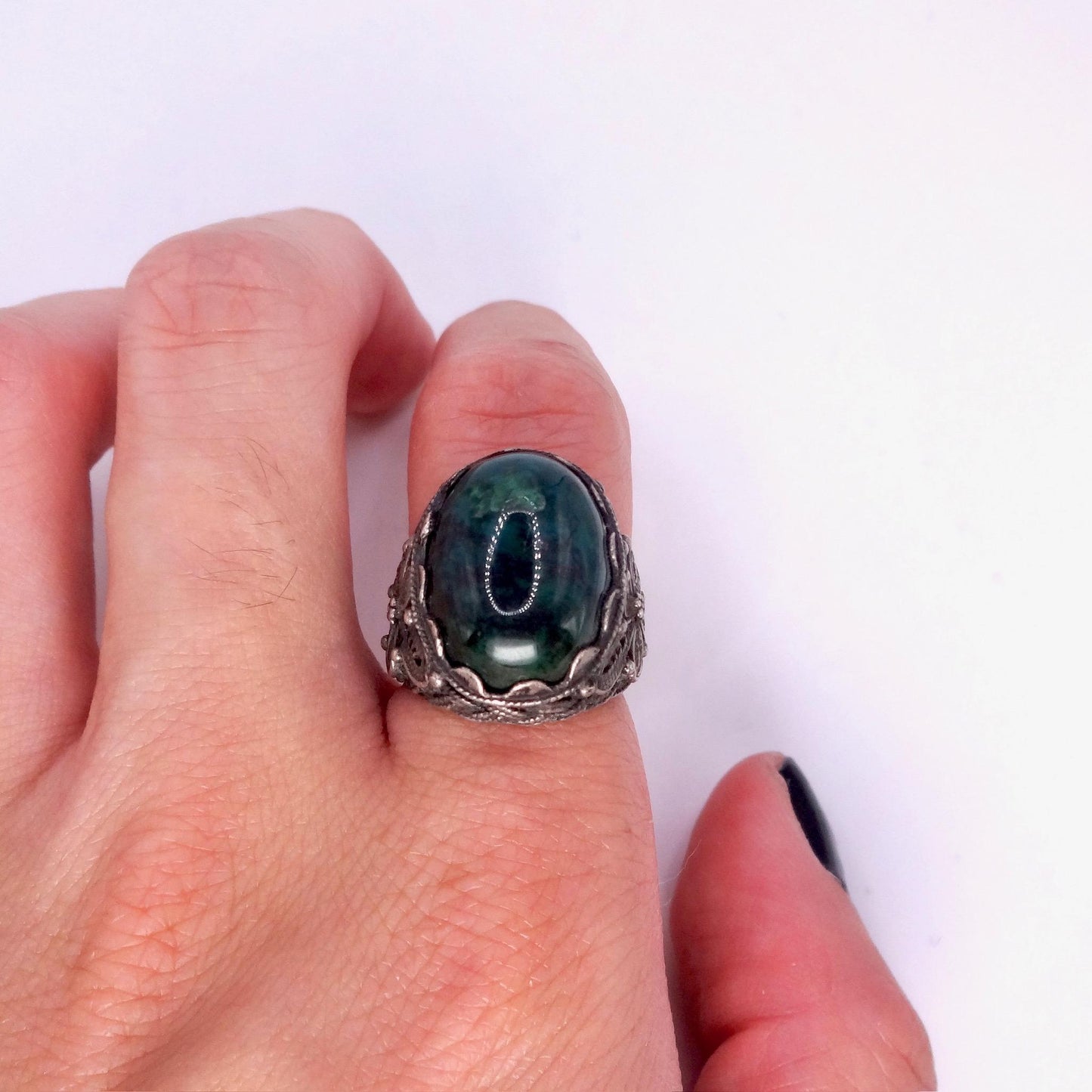 Vintage Green Stone of Eilat 925 Sterling Silver Statement Ring Adjustable