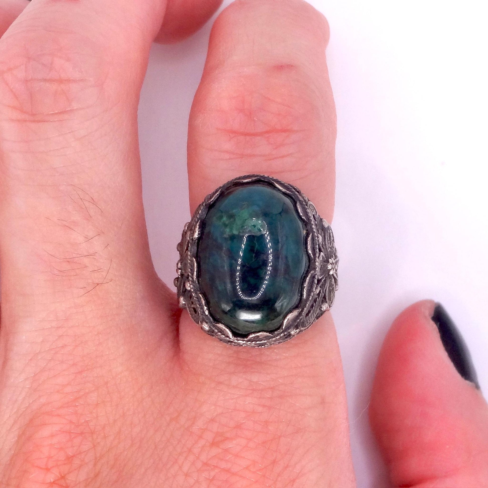 Vintage Green Stone of Eilat 925 Sterling Silver Statement Ring Adjustable