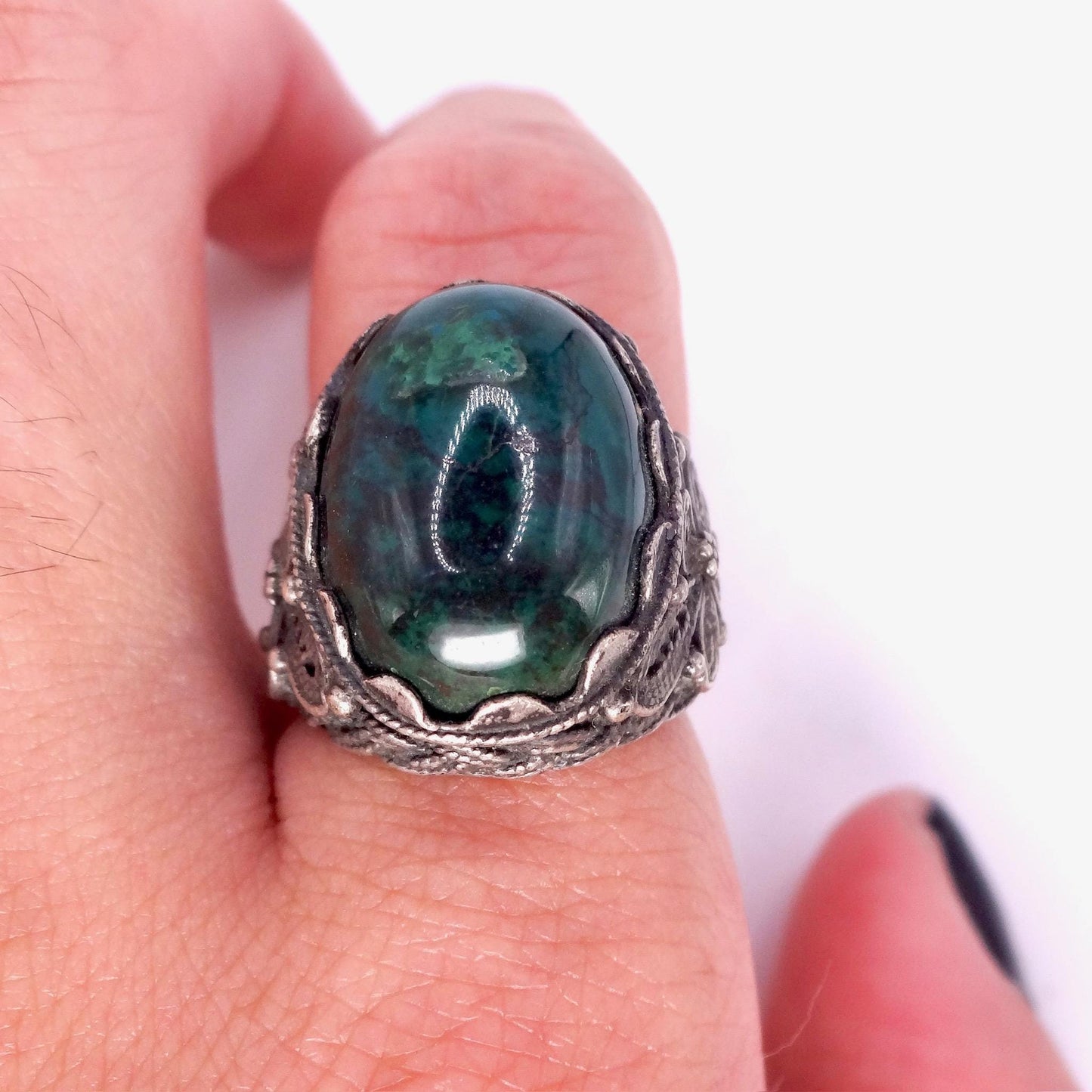 Vintage Green Stone of Eilat 925 Sterling Silver Statement Ring Adjustable