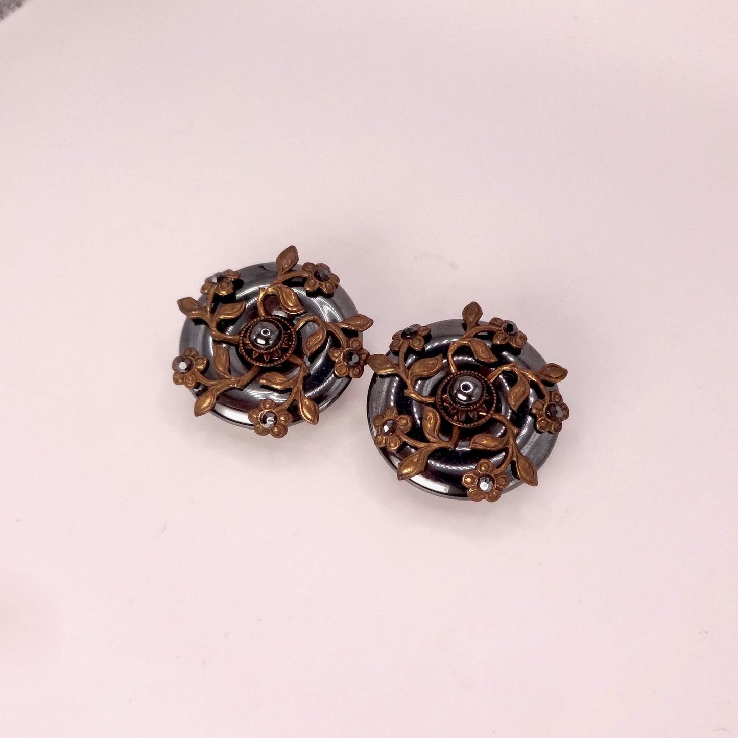 Vintage Hemetite Earrings in Golden Bronze Clip-On