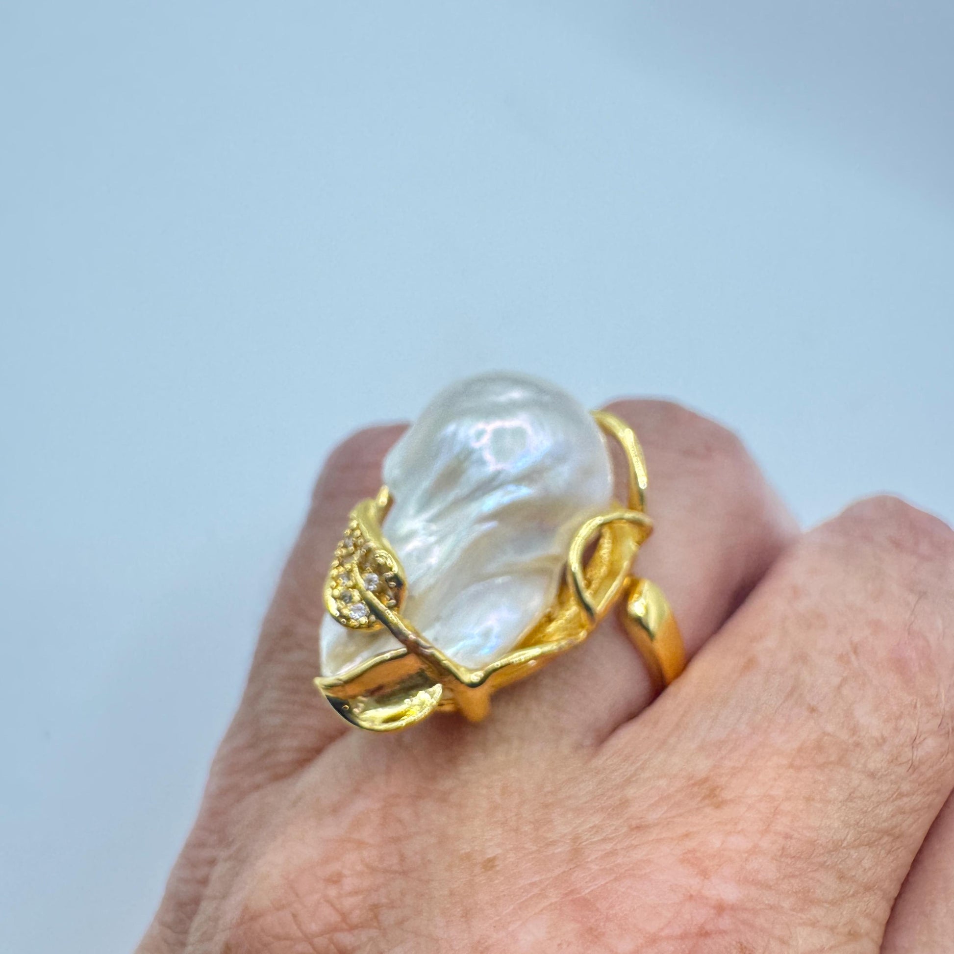 Vintage Biwa Pearl Ring Golden 925 Sterling Silver Cocktail Statement Adjustable