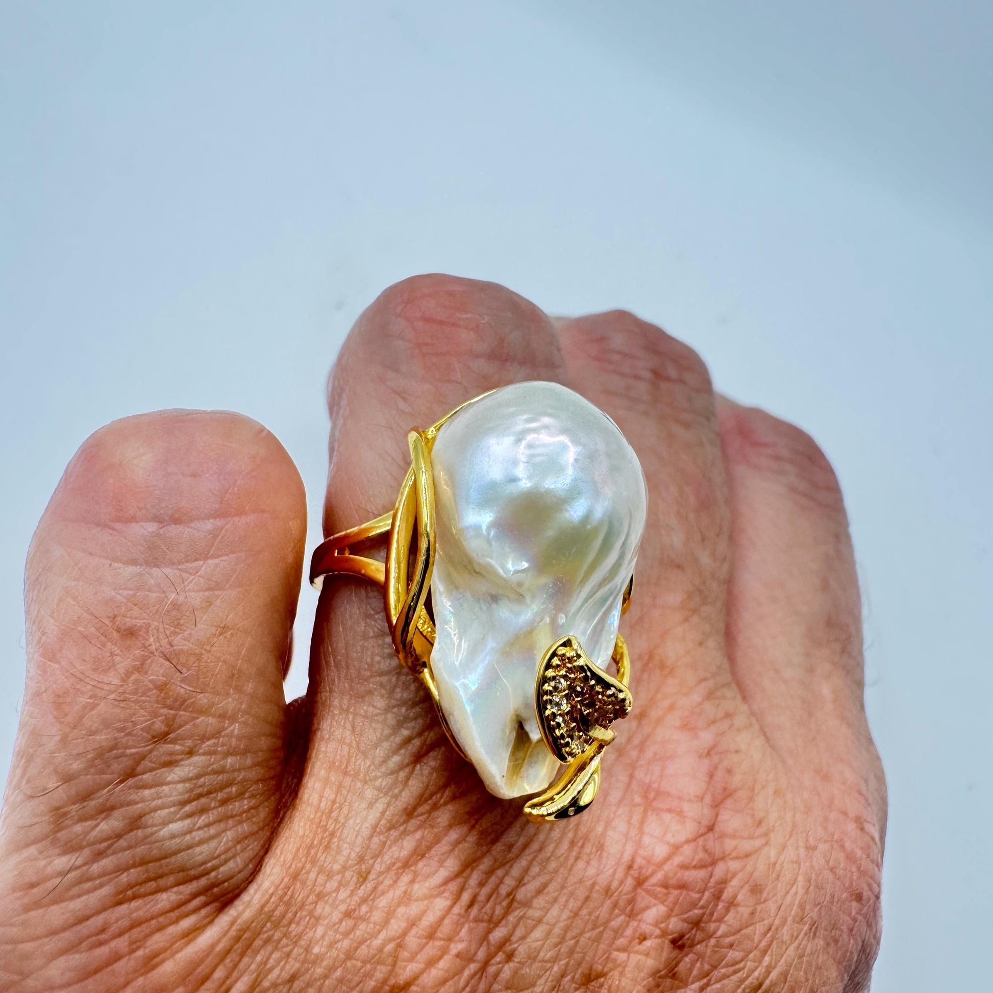 Vintage Biwa Pearl Ring Golden 925 Sterling Silver Cocktail Statement Adjustable