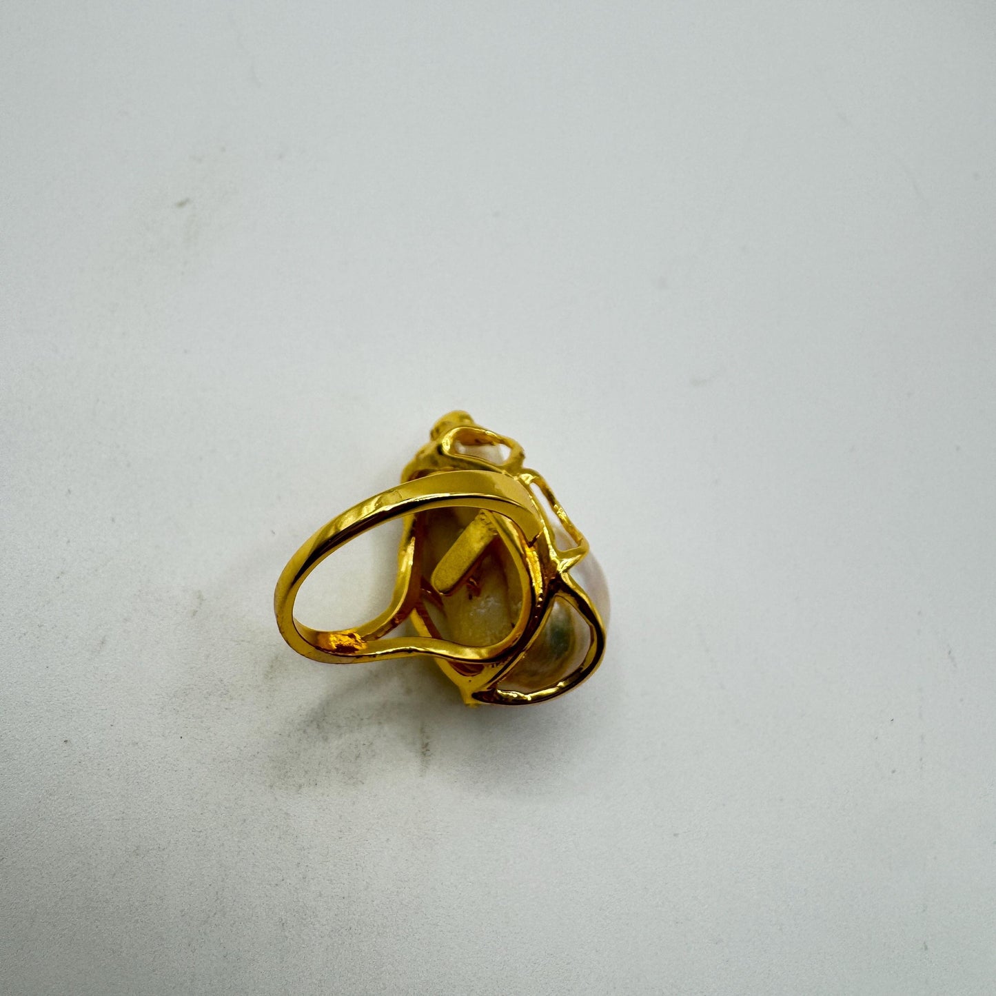 Vintage Biwa Pearl Ring Golden 925 Sterling Silver Cocktail Statement Adjustable