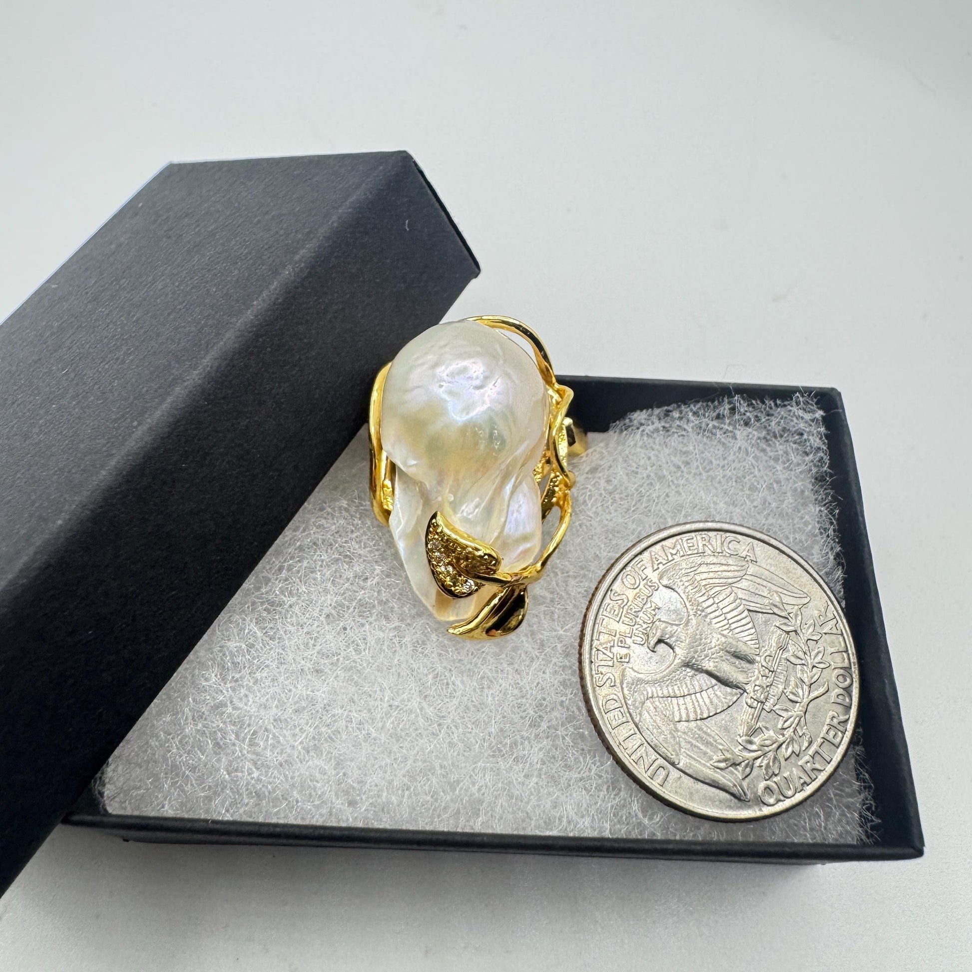 Vintage Biwa Pearl Ring Golden 925 Sterling Silver Cocktail Statement Adjustable