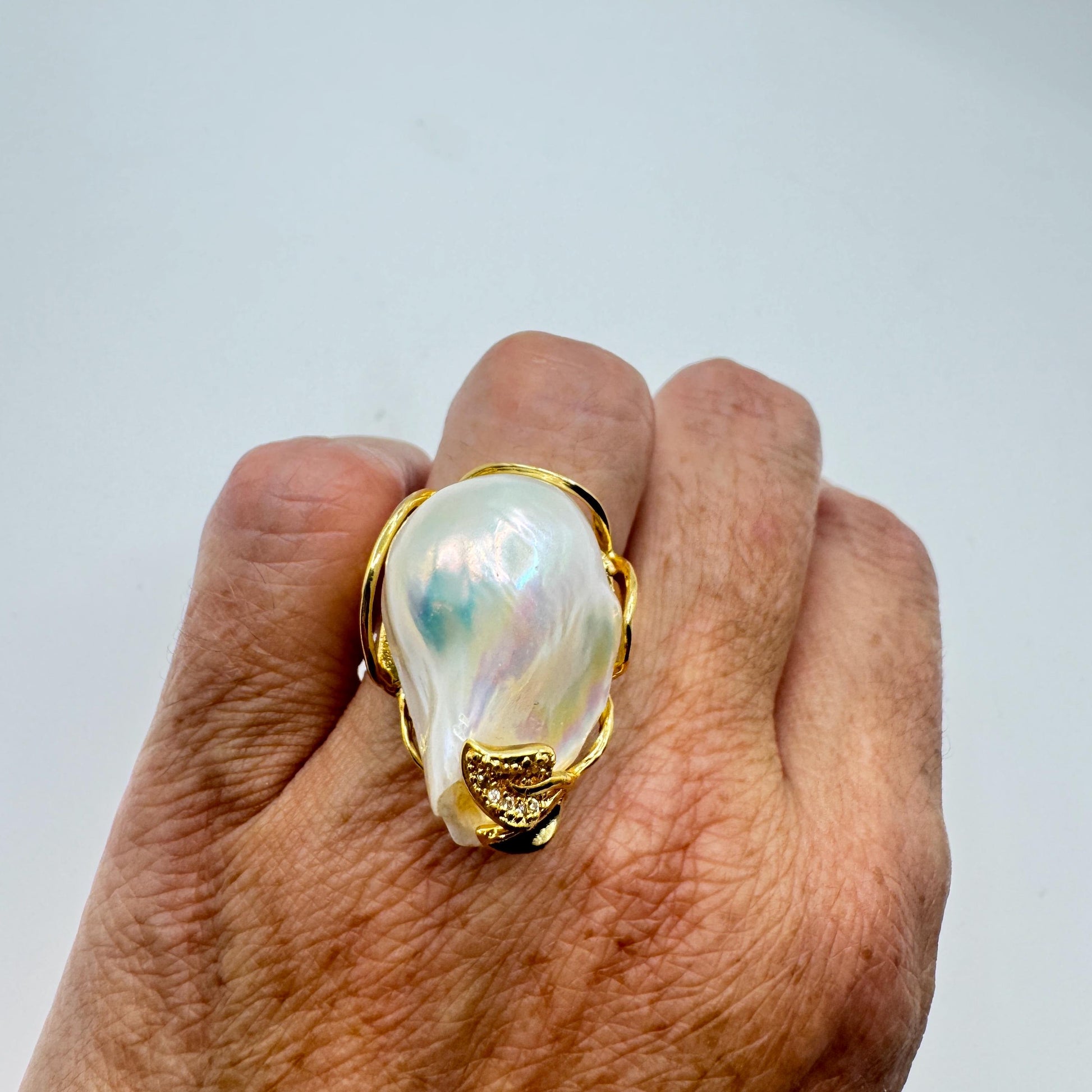 Vintage Biwa Pearl Ring Golden 925 Sterling Silver Cocktail Statement Adjustable