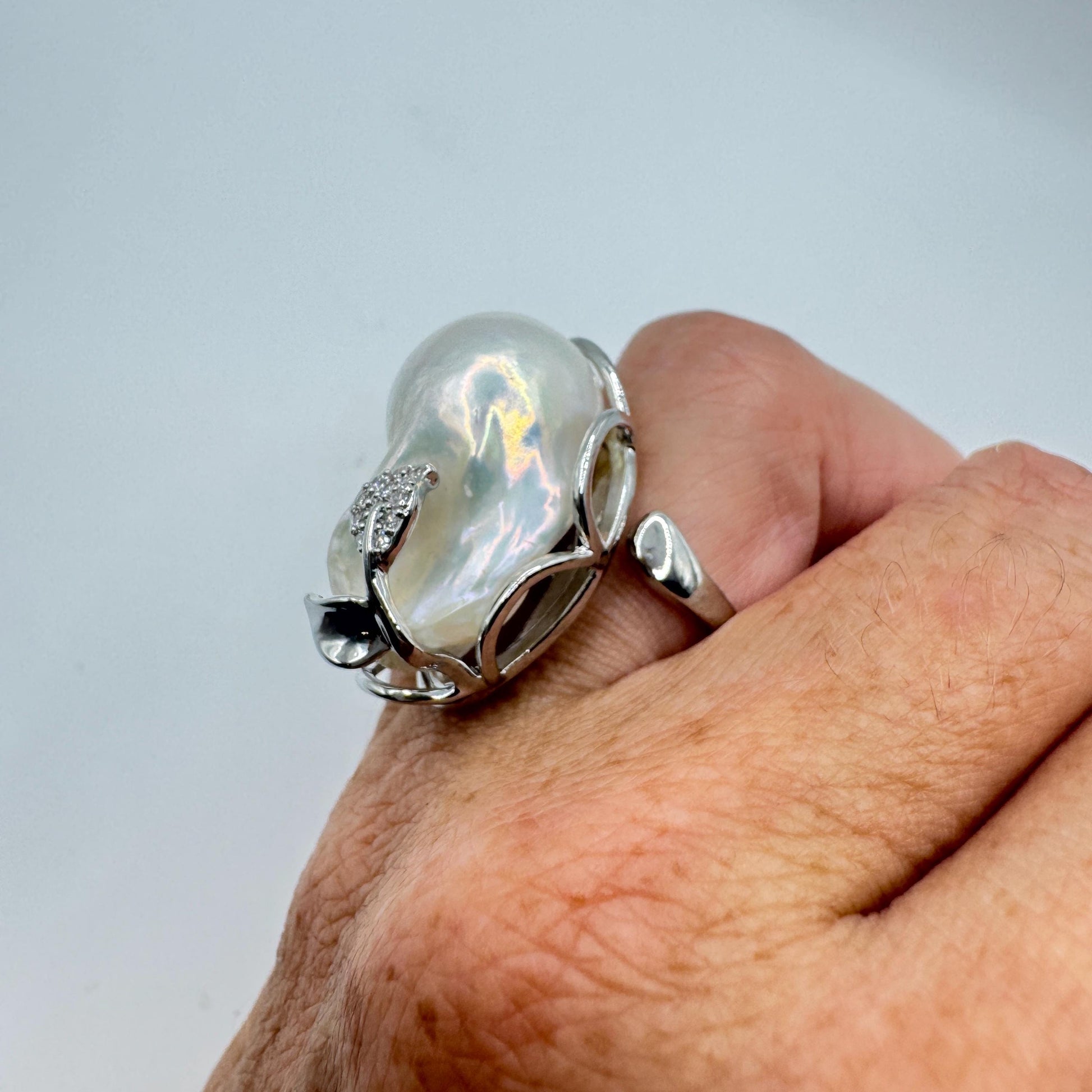 Vintage Biwa Pearl Ring 925 Sterling Silver Cocktail Statement Adjustable