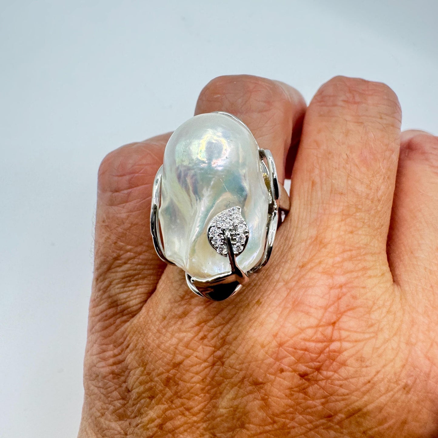 Vintage Biwa Pearl Ring 925 Sterling Silver Cocktail Statement Adjustable