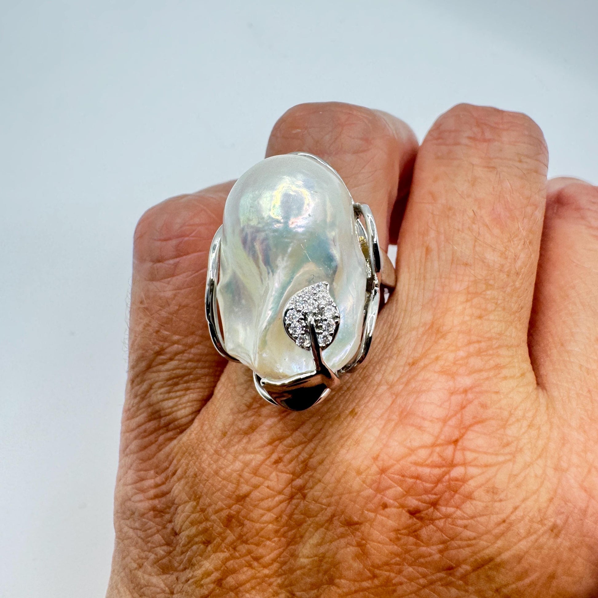 Vintage Biwa Pearl Ring 925 Sterling Silver Cocktail Statement Adjustable