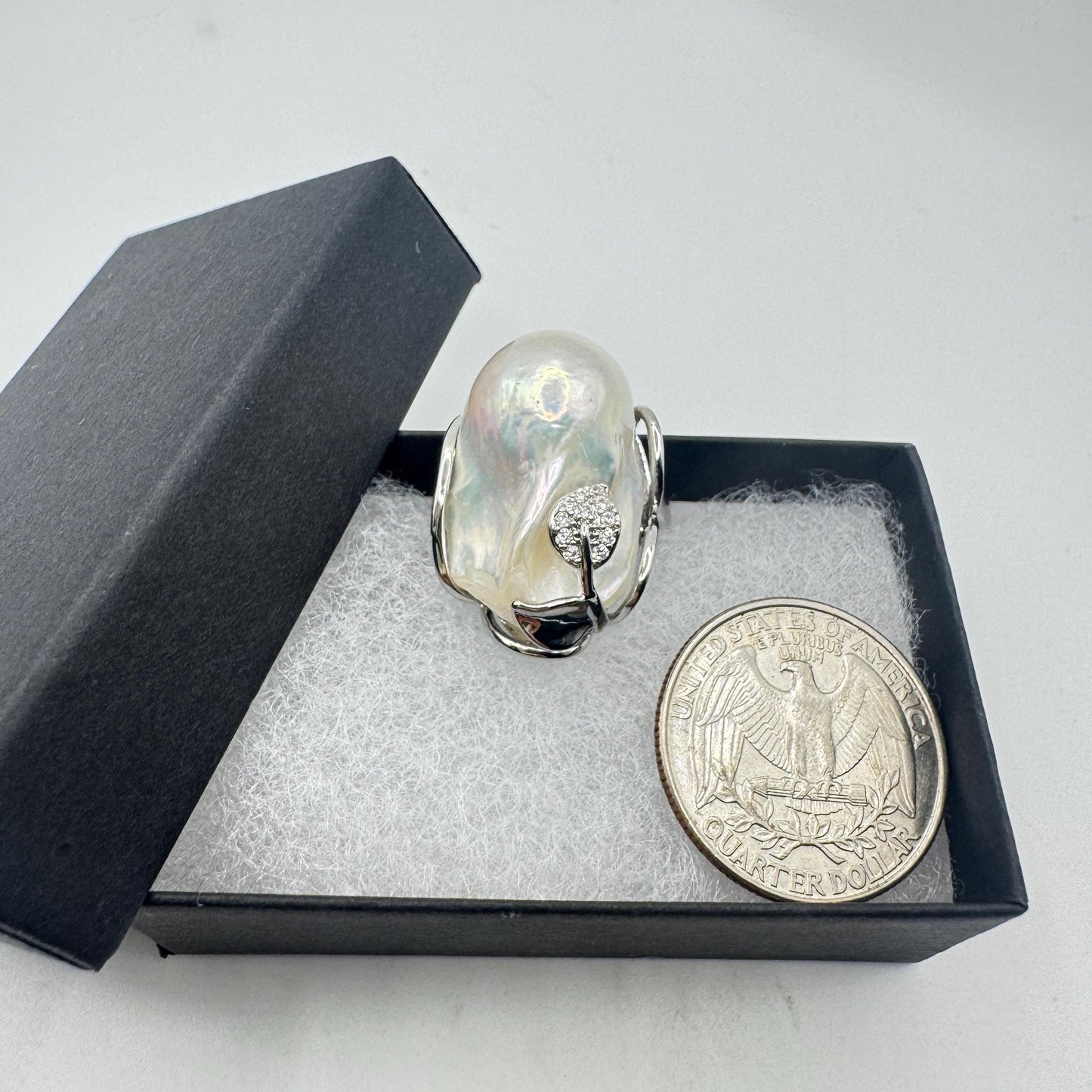 Vintage Biwa Pearl Ring 925 Sterling Silver Cocktail Statement Adjustable