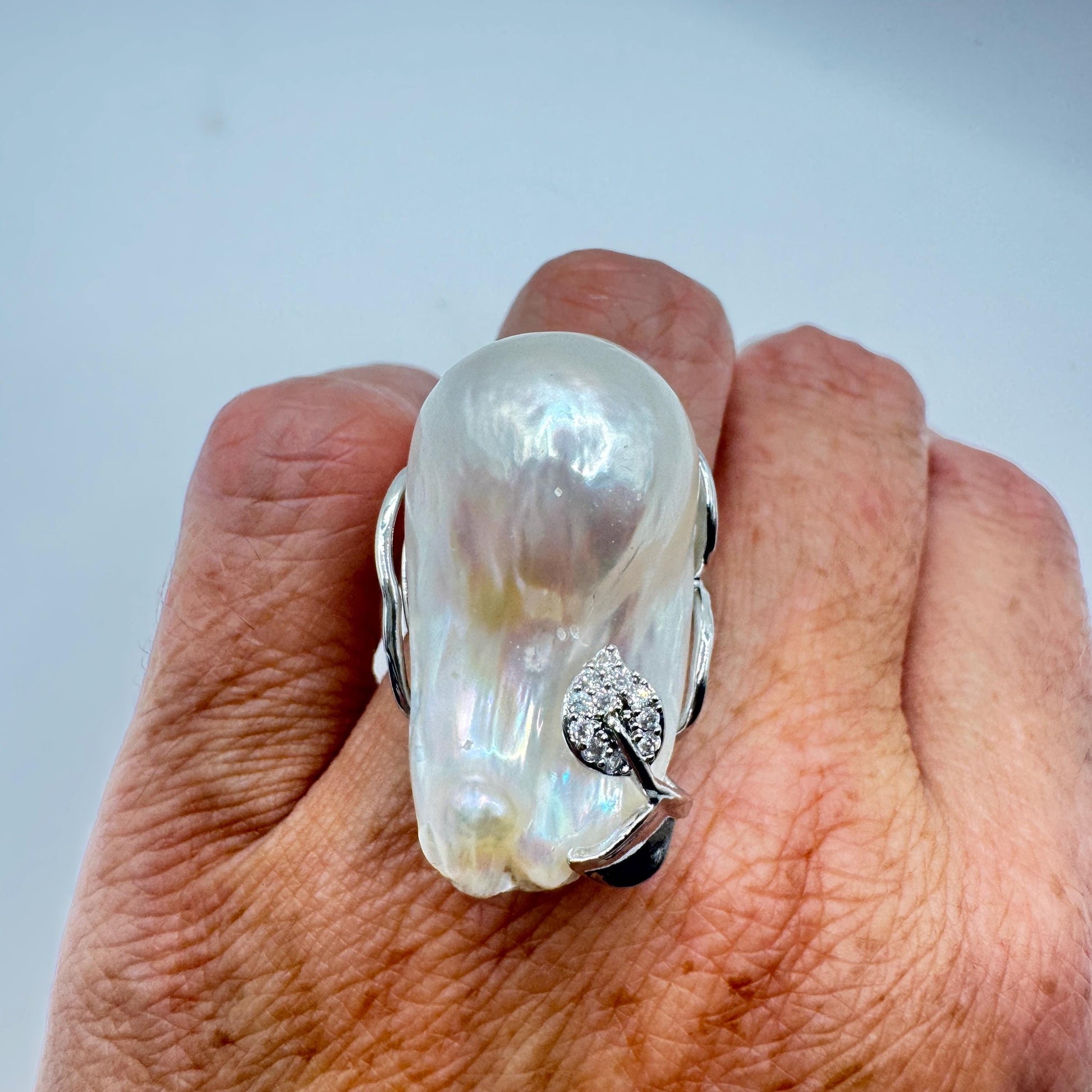 Vintage Biwa Pearl Ring 925 Sterling Silver Cocktail Statement Adjustable