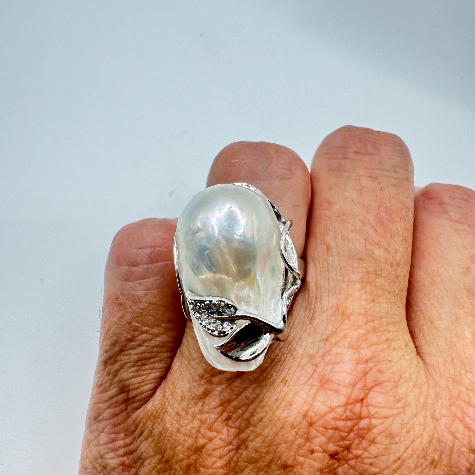 Vintage Biwa Pearl Ring 925 Sterling Silver Cocktail Statement Adjustable
