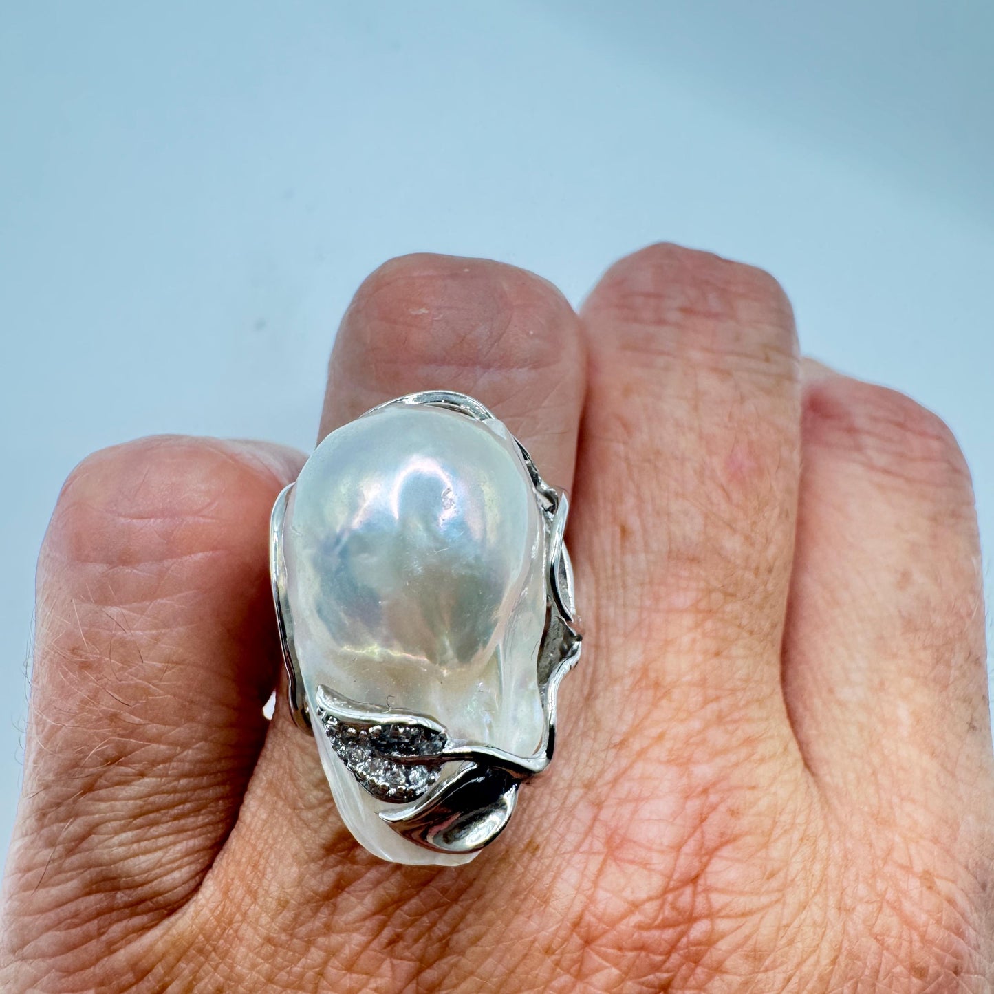 Vintage Biwa Pearl Ring 925 Sterling Silver Cocktail Statement Adjustable