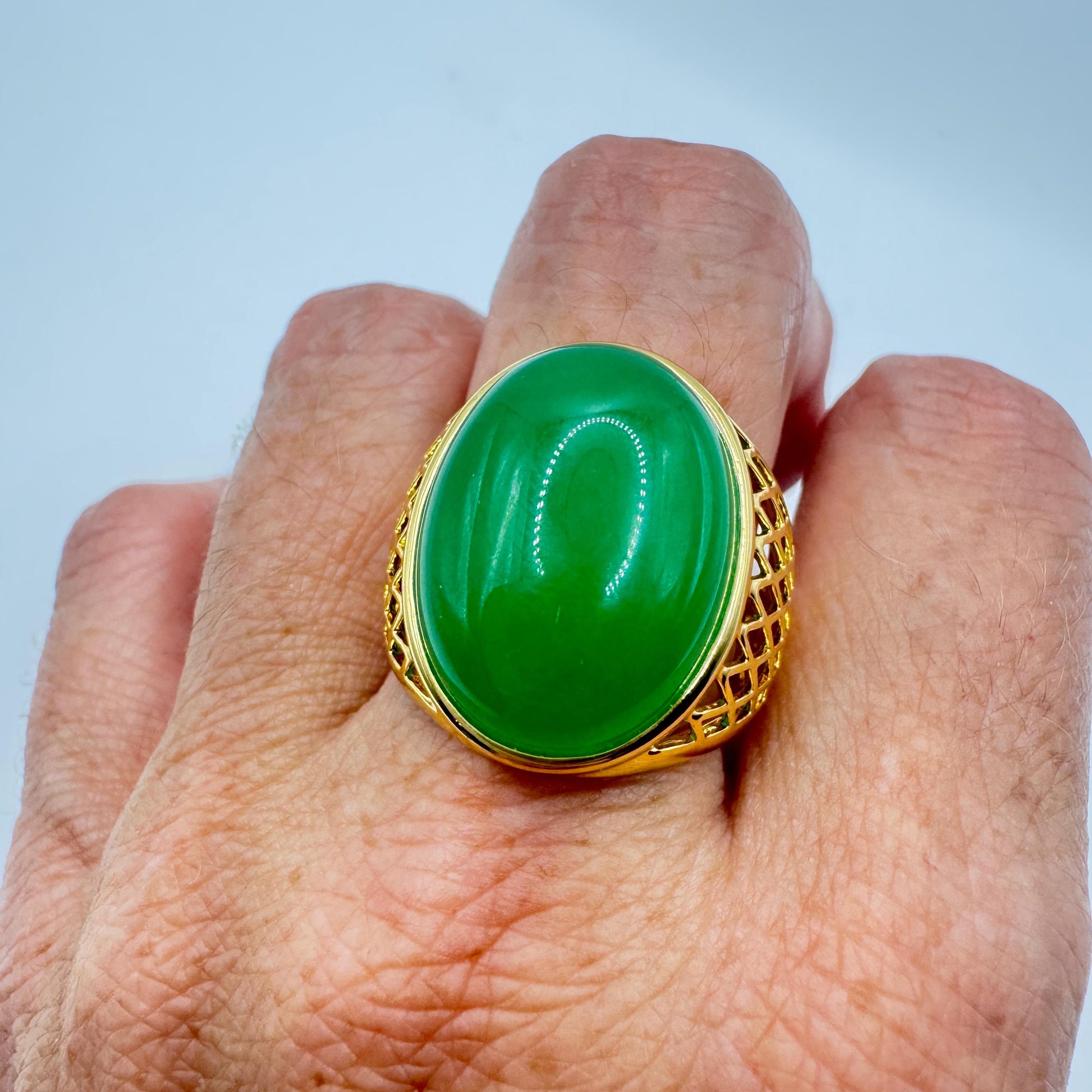 Vintage Green Fun Jade Golden Finished Bronze Mens Ring