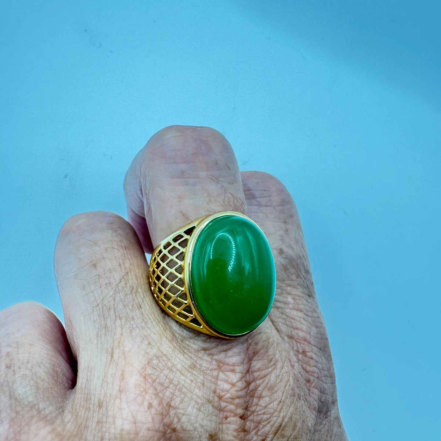 Vintage Green Fun Jade Golden Finished Bronze Mens Ring