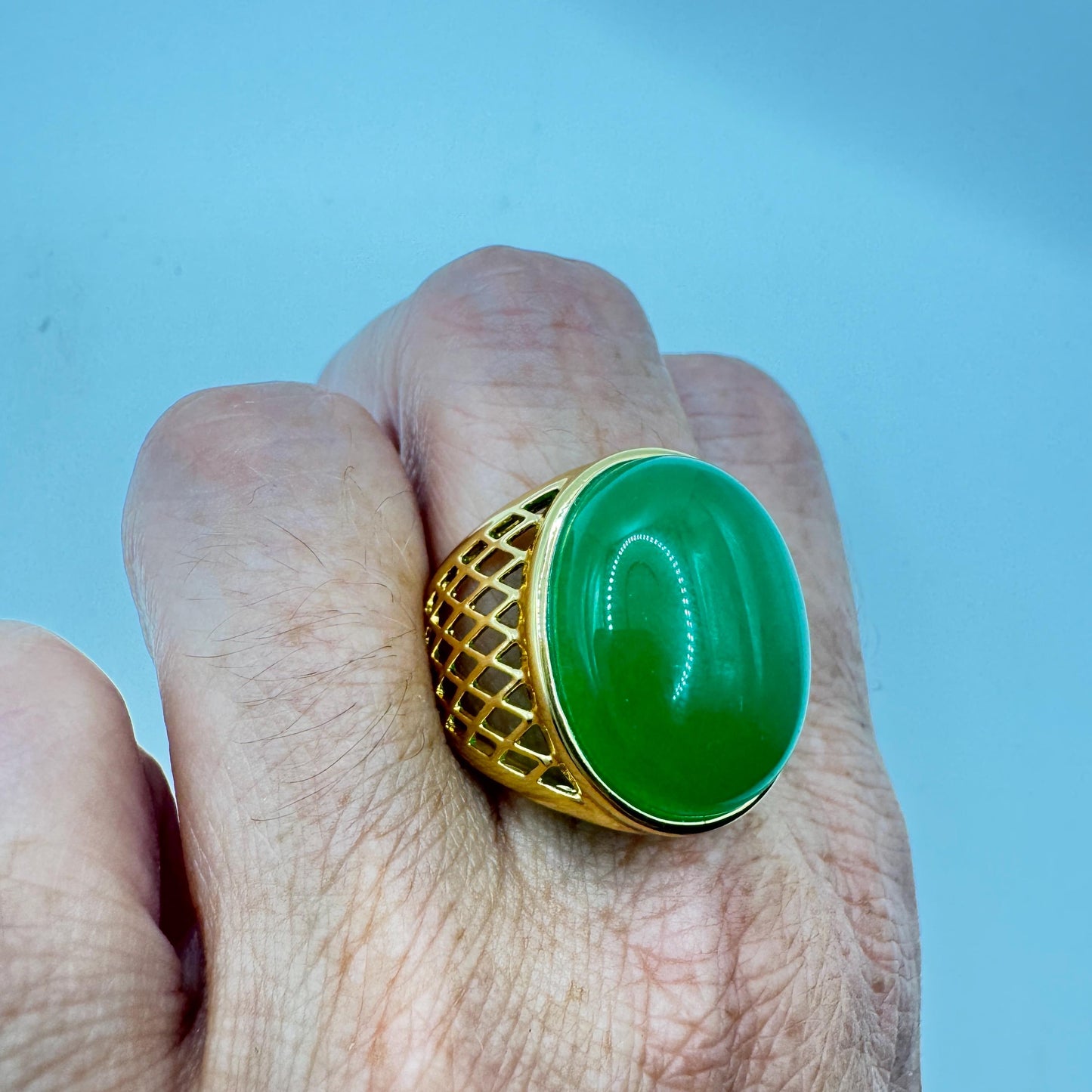 Vintage Green Fun Jade Golden Finished Bronze Mens Ring