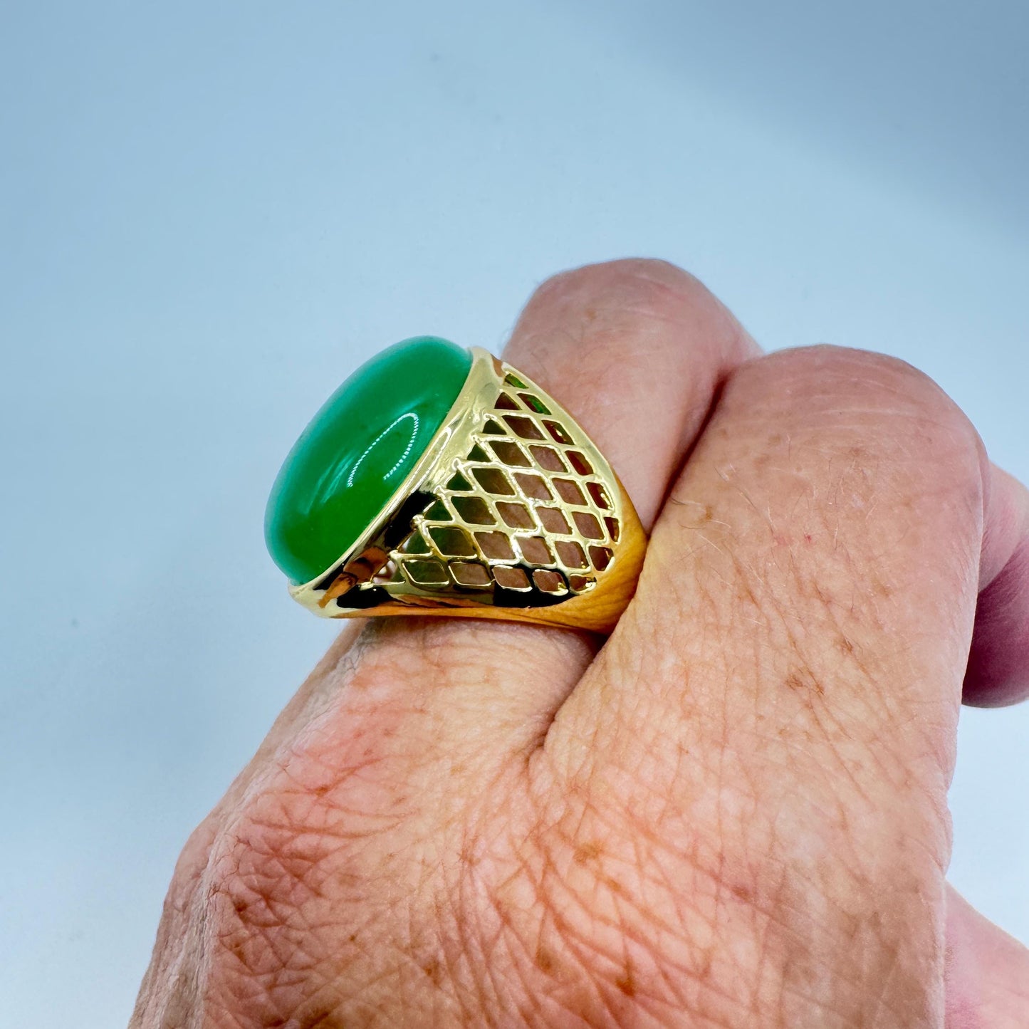 Vintage Green Fun Jade Golden Finished Bronze Mens Ring