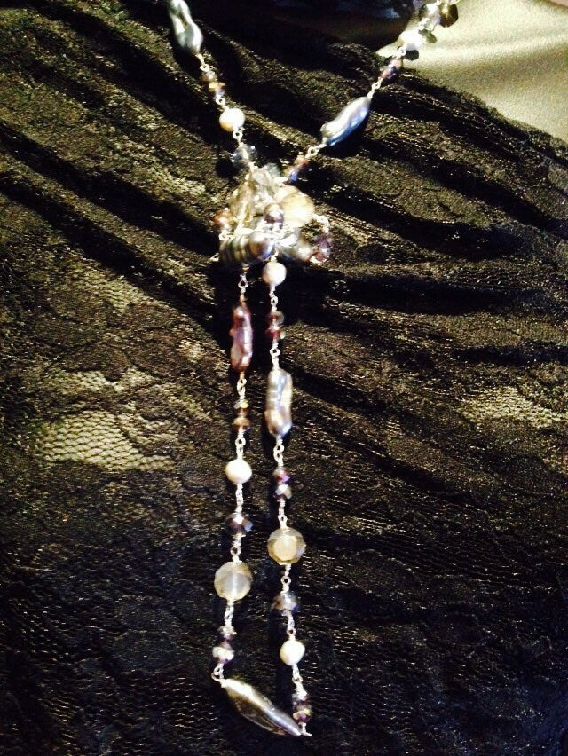 Hand Wrapped grey Pearl and Crystal Long Necklace