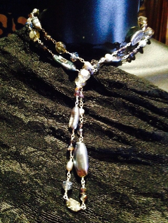 Hand Wrapped grey Pearl and Crystal Long Necklace