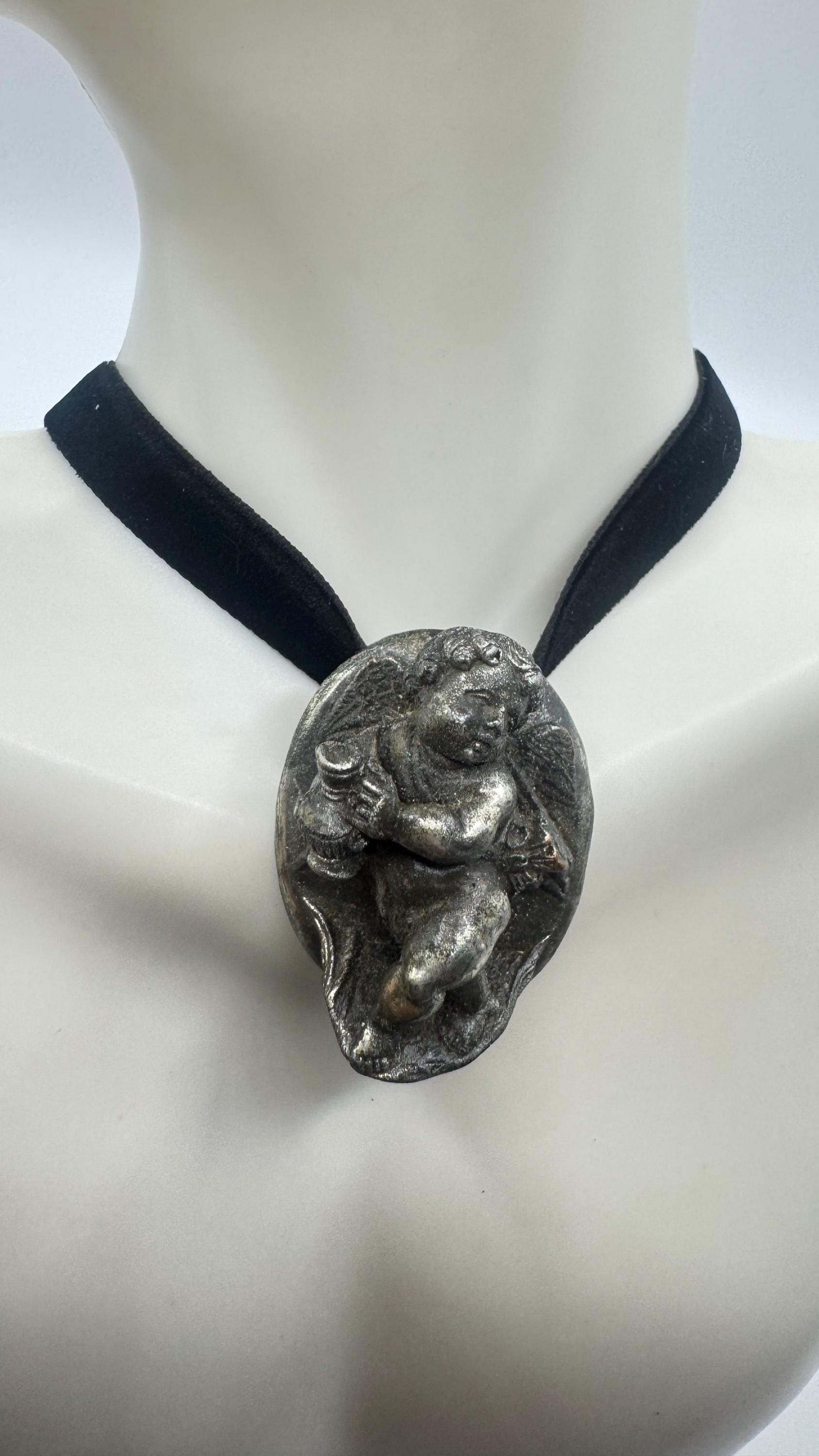 Vintage Deco Silver Bronze Angel Cherub Brooch Pin