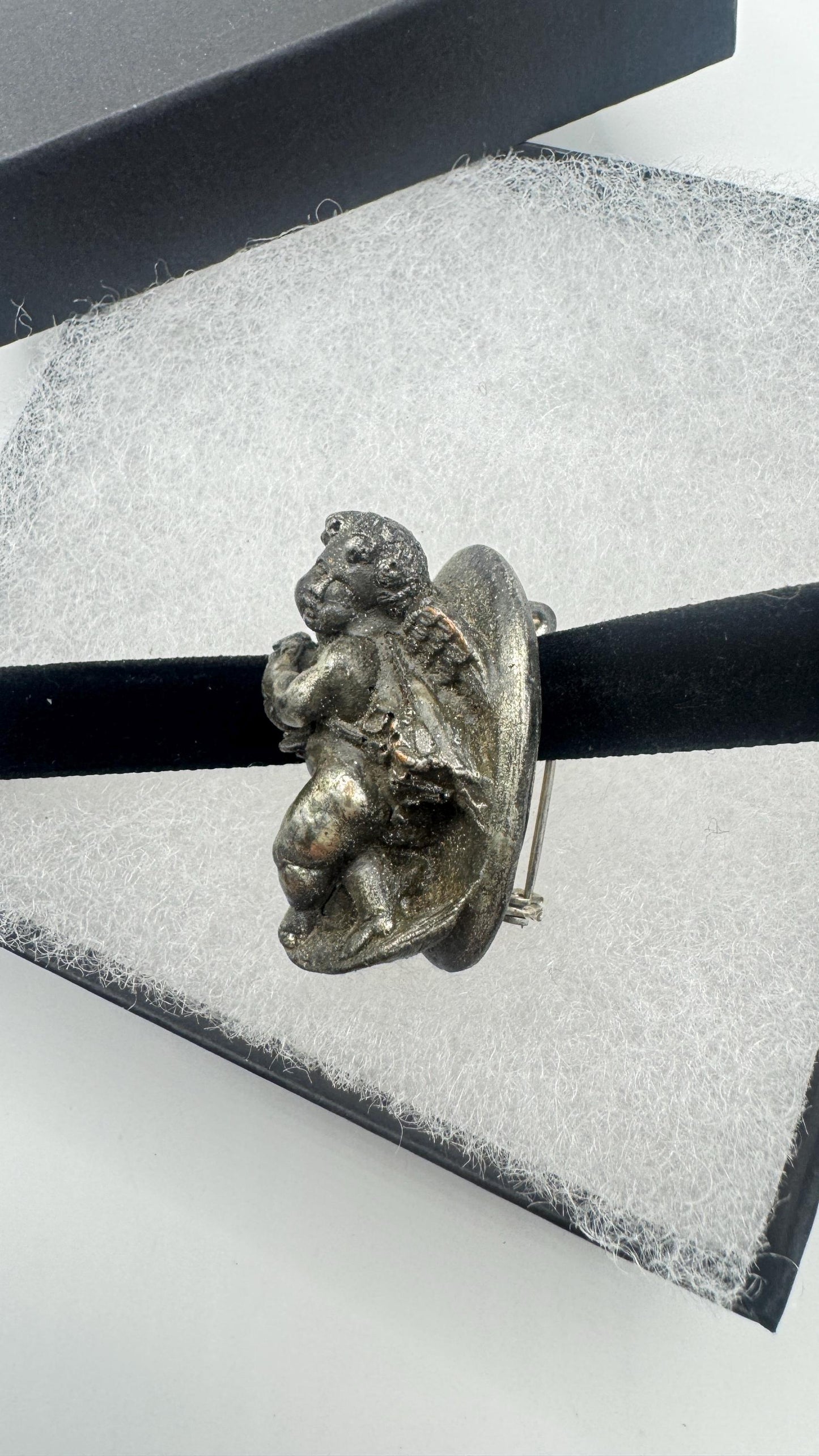 Vintage Deco Silver Bronze Angel Cherub Brooch Pin