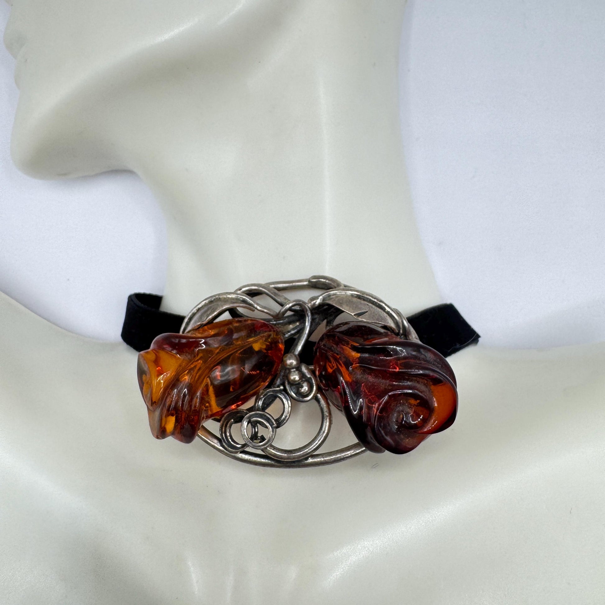 Vintage Hand Carved Golden Baltic Resin Rose Brooch Pin 925 Sterling Silver